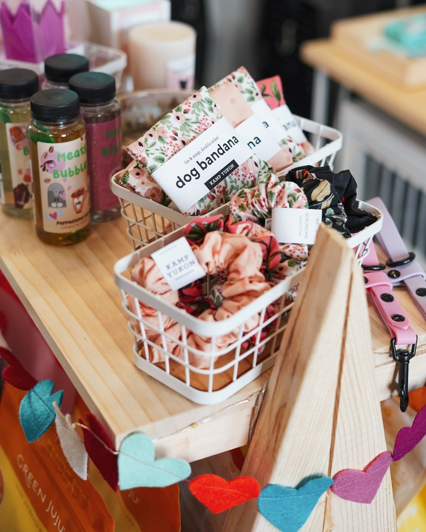 Did Britt spend way too long curating a little valentine&rsquo;s themed display? She sure did. Our dogs are our heckin soulmates. Valentine&rsquo;s day is theirs. Peep, especially,  the perfectly lovely bandana/scrunchie combos made custom by local m