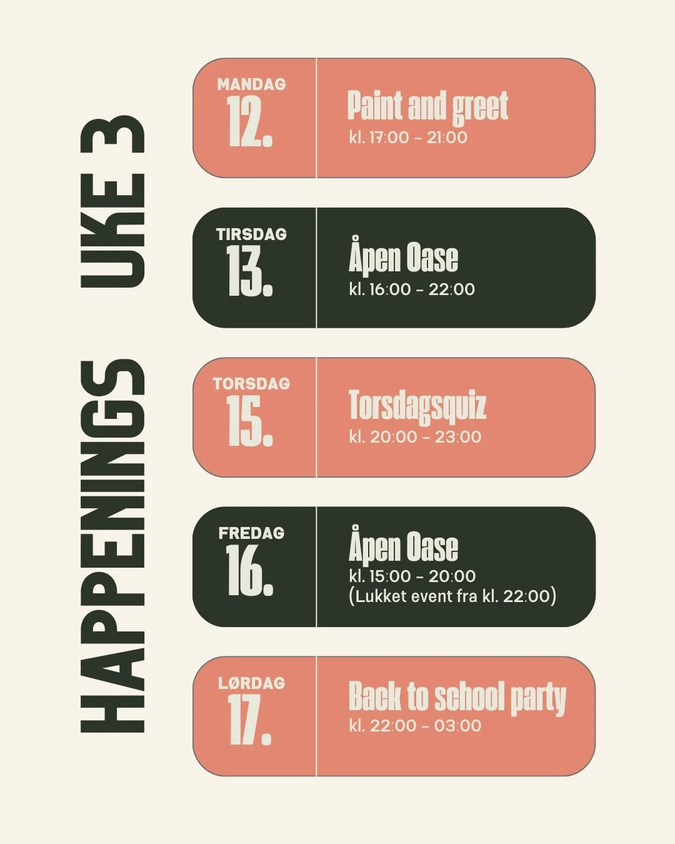 Er dere klare for ny uke? 🕺🏻 Her er ukas happenings og &aring;pningstider!