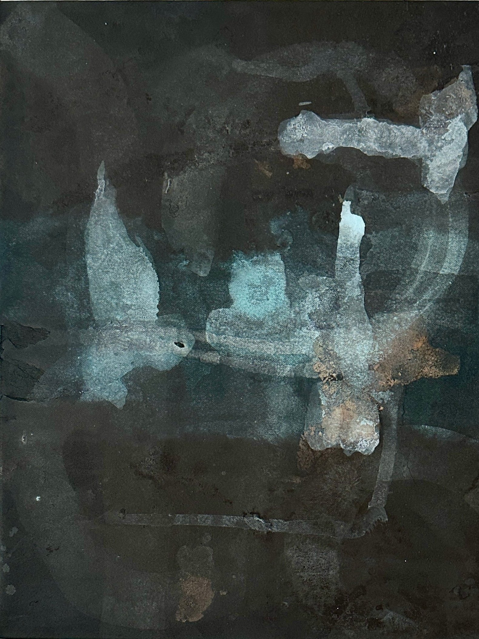 wrapped wood panel bfk paper, sumi-e
gofun, silver leaf, mineral pigment 11'x14'