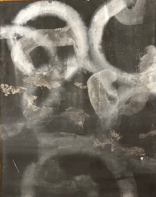 wrapped wood panel on bfk paper,sumi-e
gofun, silver leaf 11'x14'