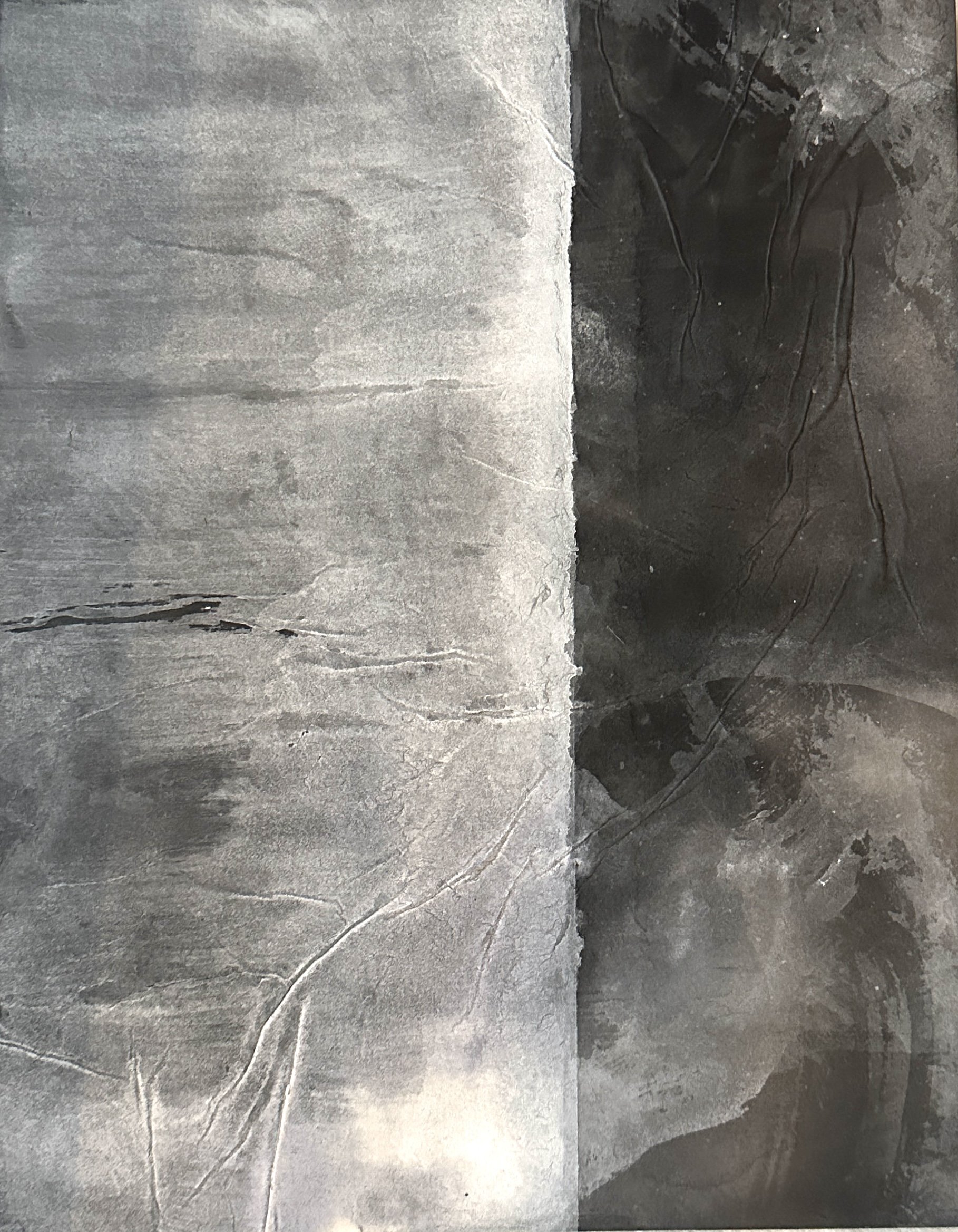 wrapped wood panel kozo paper sumi-e ,
gofun 11'x14'