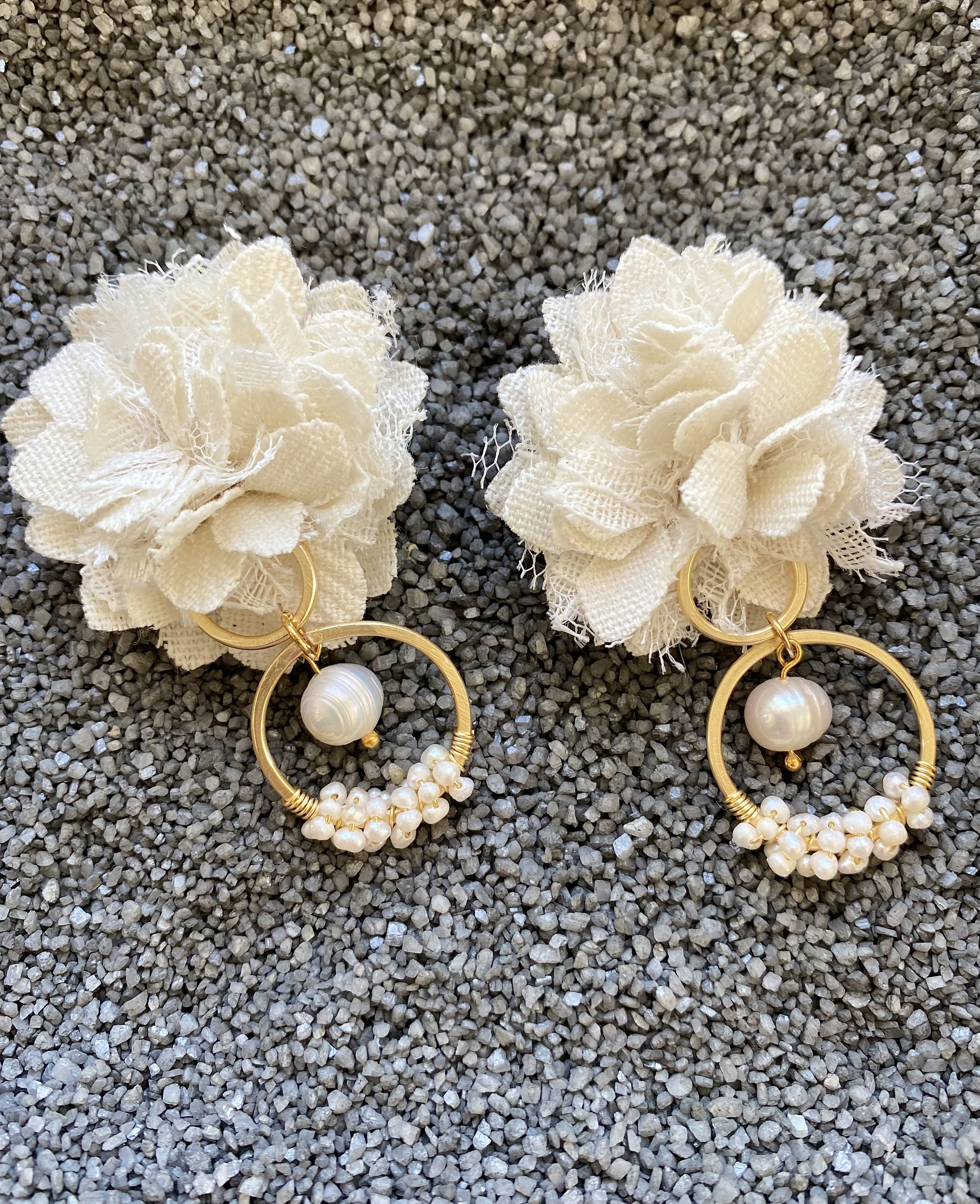 "AN" Original - Muslin flowers with hand wrapped seed fresh water pearls.