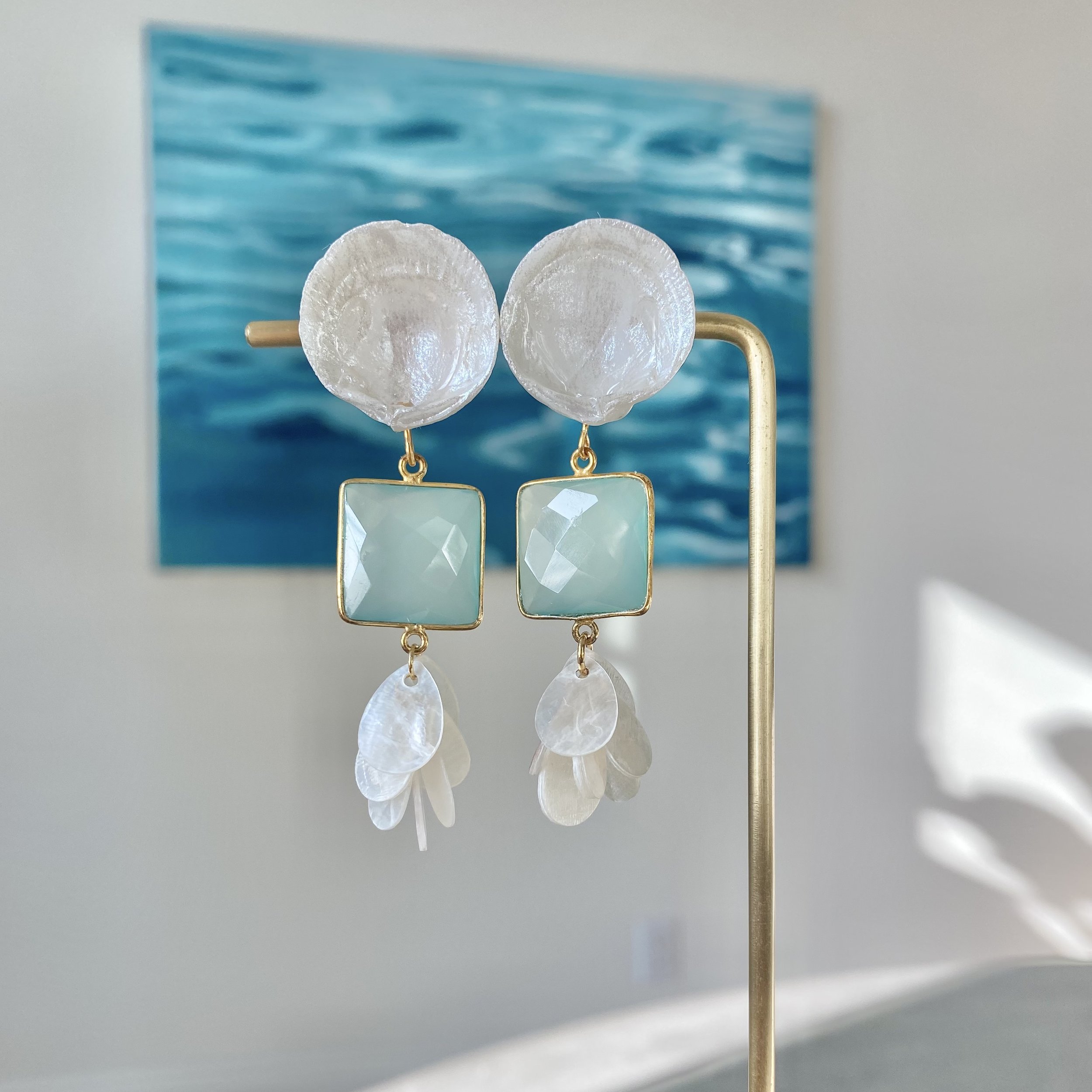 "BRYRE" - Iridescent hand painted Dosinea shell post with light turquoise chalcedony connector & cascading capiz dangle.