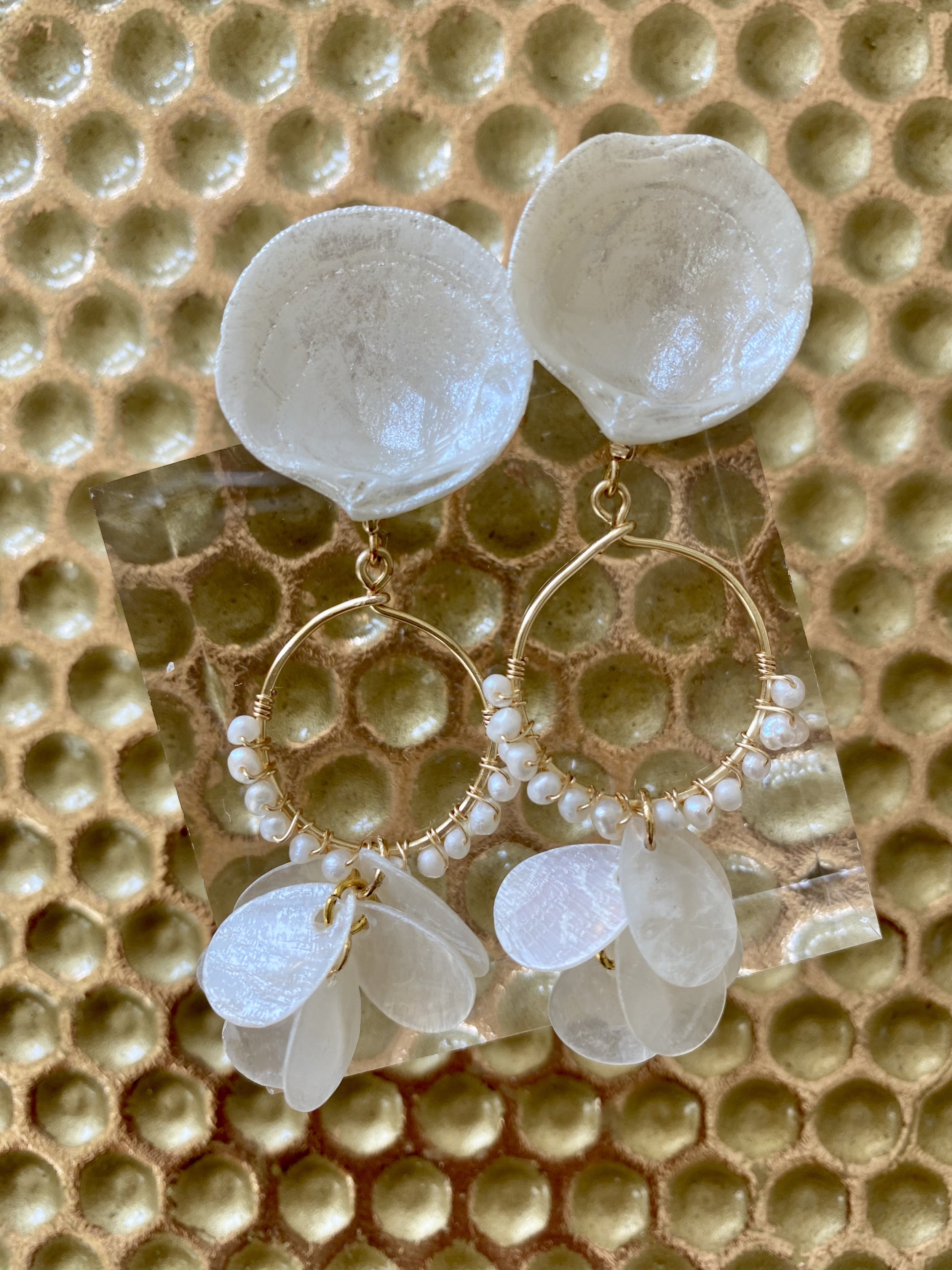"AURELIE" - Iridescent hand painted Dosinea shell post with hand wrapped seed fresh water pearls and cascading capiz shells.