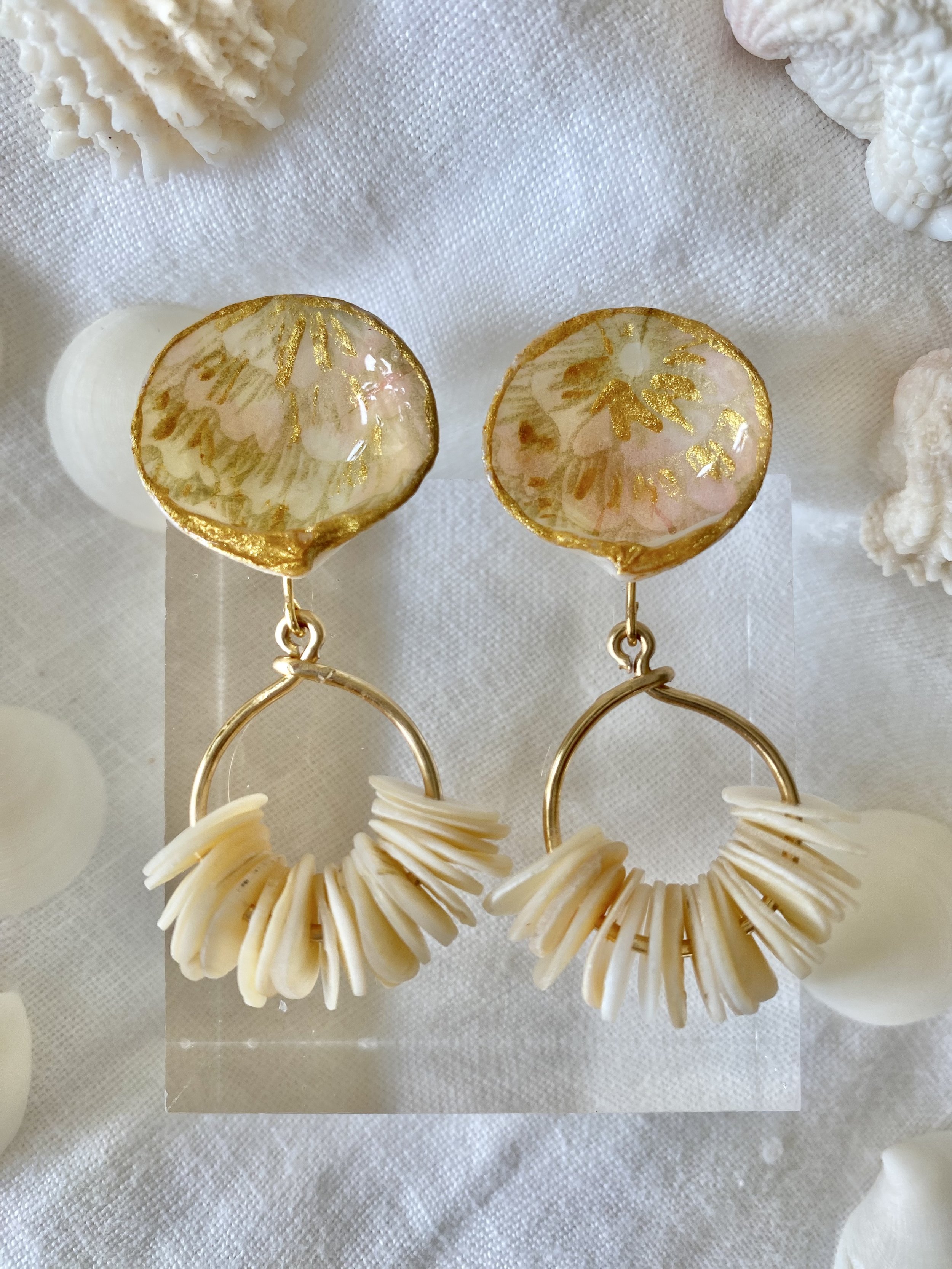 "LAUREL" - Pink & gold embellished Dosinea seashell post with hand formed gold toned hoop with mother of pearl button details.