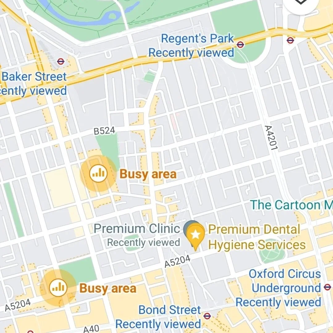 Map showing busy areas and points of interest near Oxford Circus in London, including dental services, clinics, and underground stations.