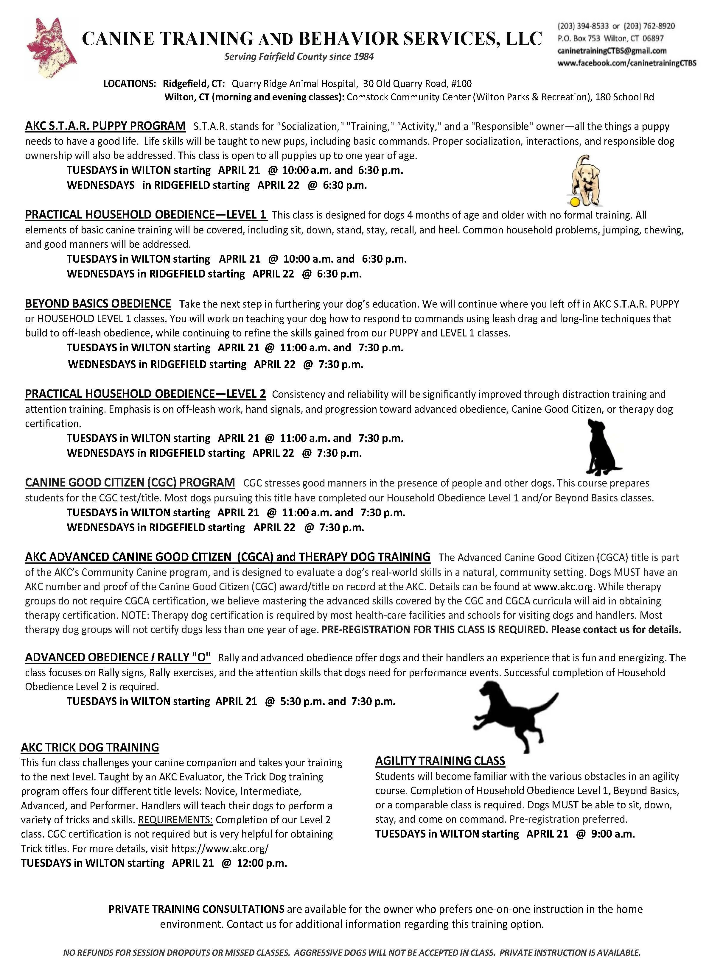 CTBS Wilton & Ridgefield Group Dog Training Class Schedule