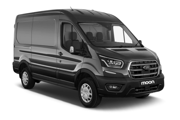 Un véhicule utilitaire bleu foncé avec le logo Ford, appelé Ford Transit, de face et de côté, avec le nom 'moon' en dessous de la cheville avant.