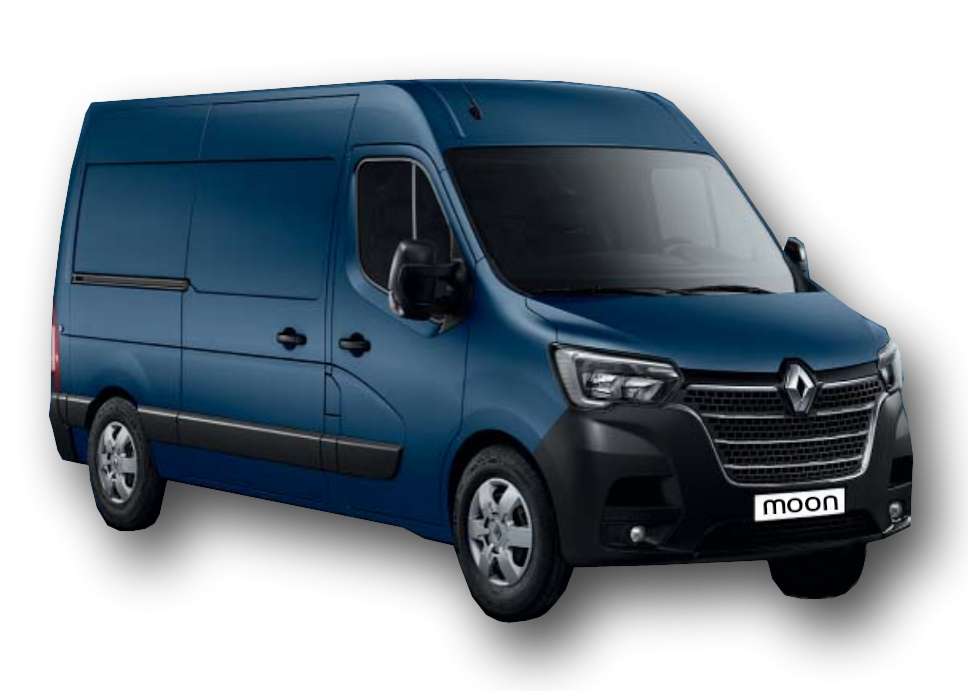 Camion Renault blanc avec le nom 'moon' sur la plaque d'immatriculation.