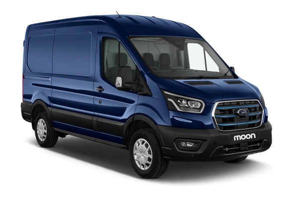 Un véhicule utilitaire bleu foncé avec le logo Ford, appelé Ford Transit, de face et de côté, avec le nom 'moon' en dessous de la cheville avant.