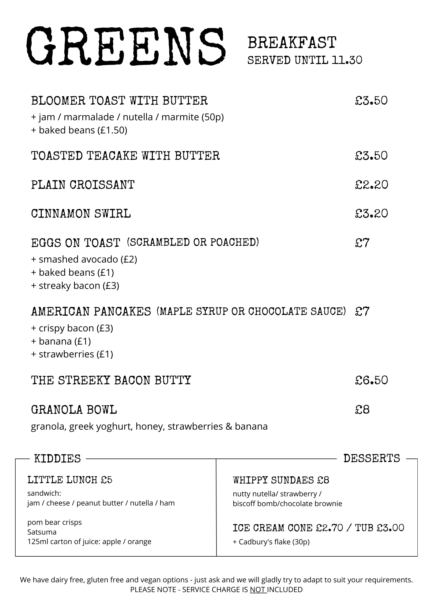 Menu 1 — Greens Coffee Co