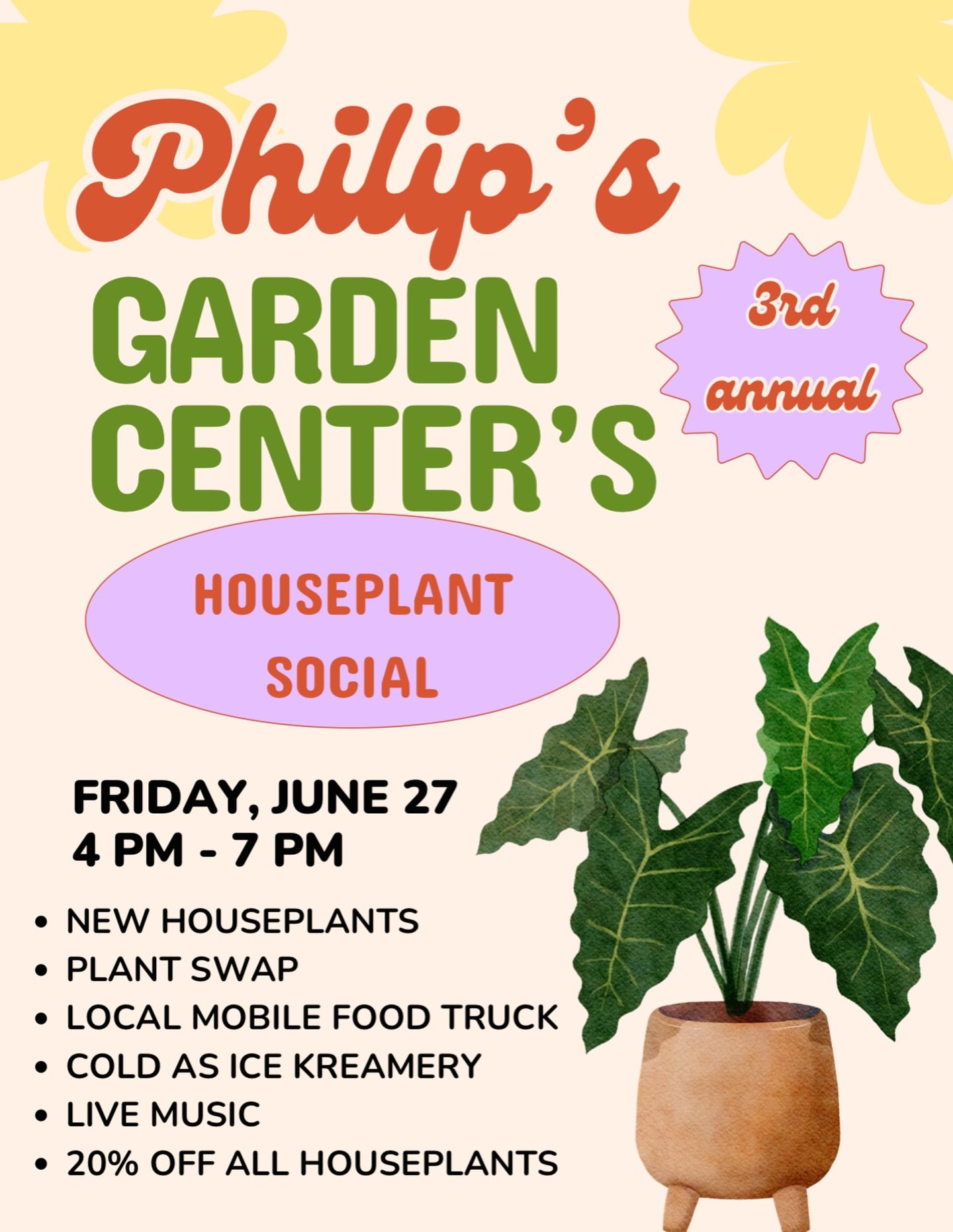 Our Houseplant Social is Friday, June 27th 4-7pm! We have TONS of cool new plants! Lots that are not seen here.
-bring your houseplant cuttings and plants to swap!
-all houseplants and glazed pottery inside will be 20% off! Some plants will be 50%