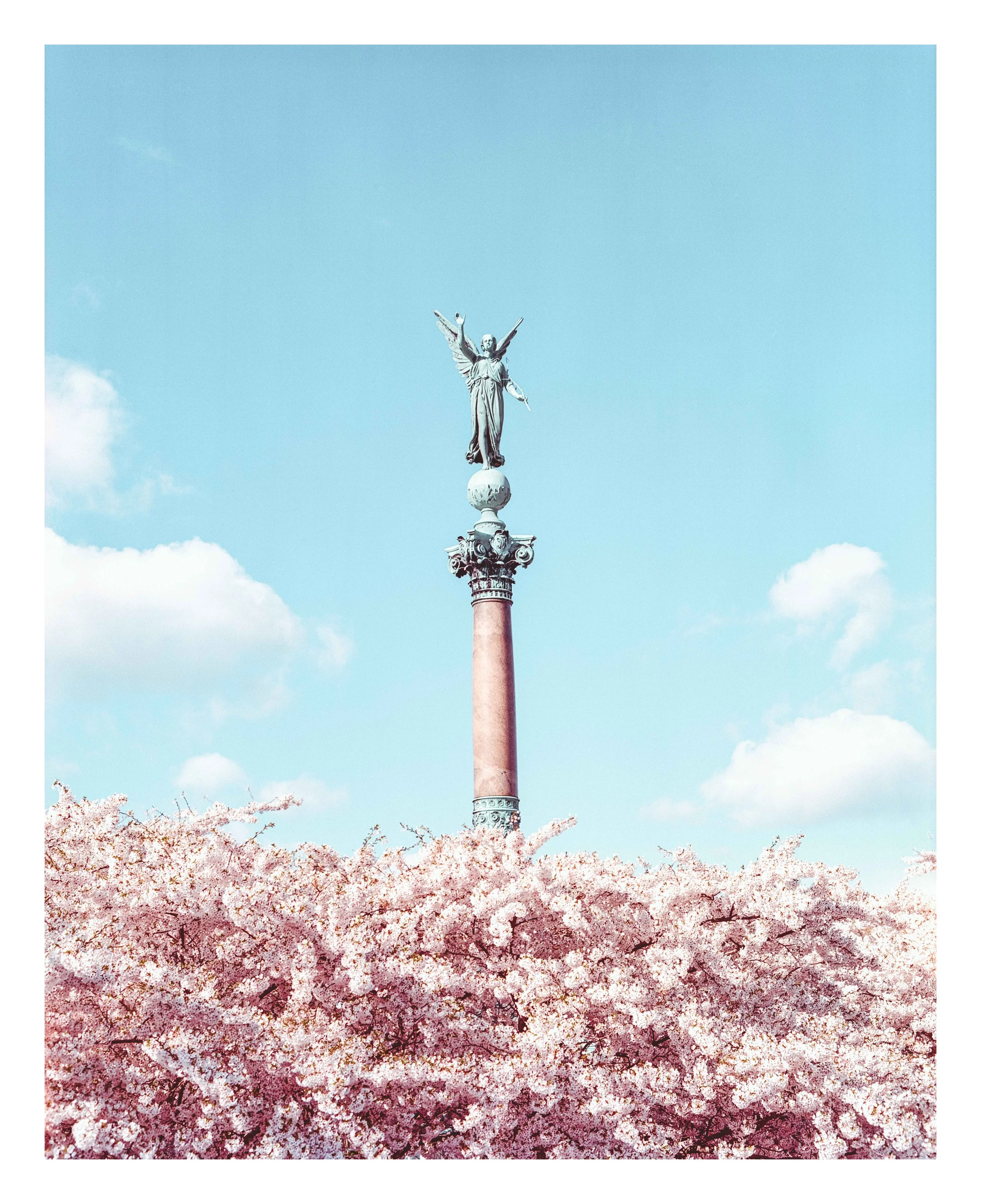 A tall monument with a statue of an angel on top, standing above pink flowering trees against a light blue sky with scattered clouds.