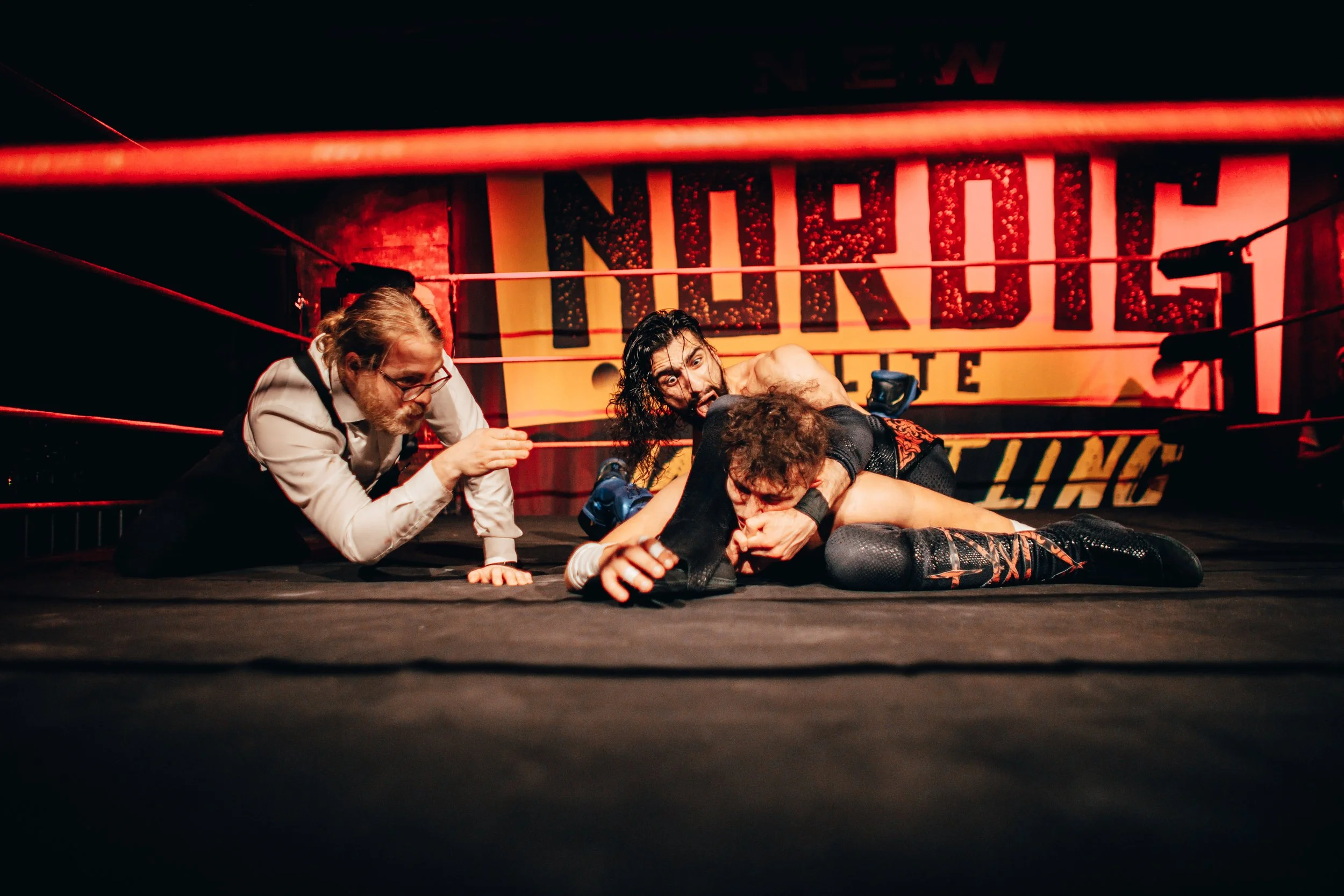 Two wrestlers fighting in a ring, with a referee observing, and a sign that reads 'NIRONA' in the background.