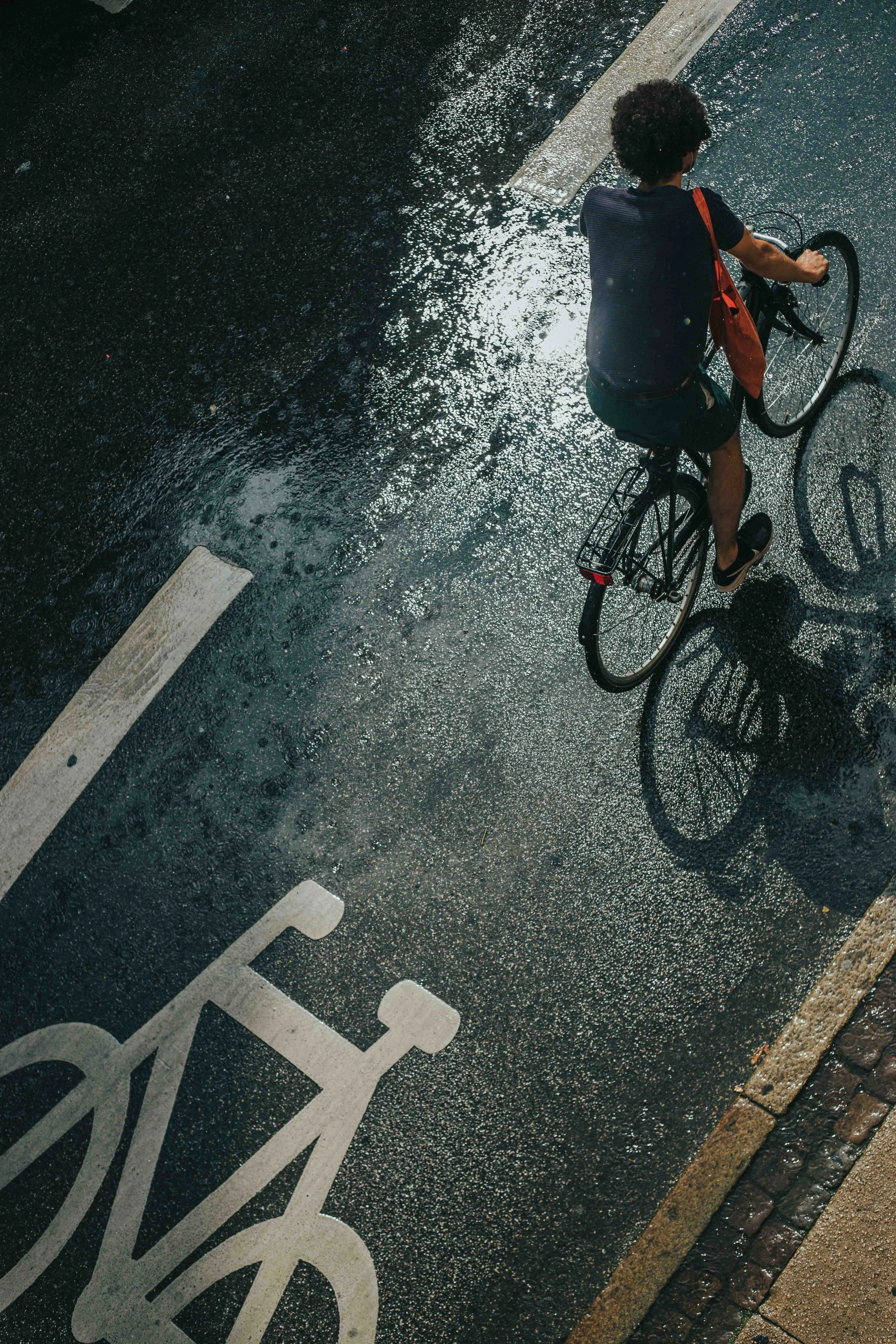A person riding a bicycle on a wet pavement near a bike lane marking with the shadow of the bicycle visible on the ground.