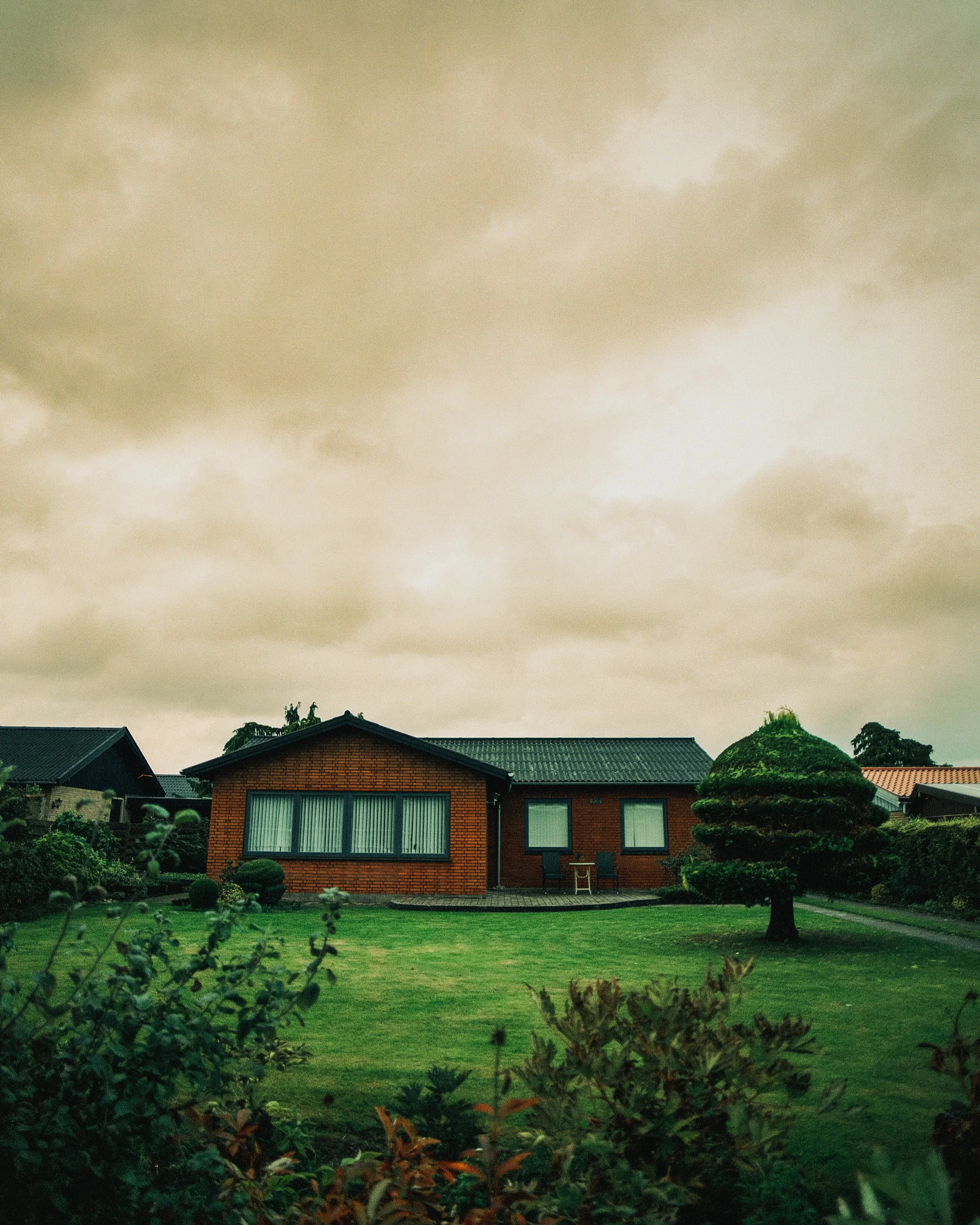 A brick house with large windows and a green metal roof, surrounded by a well-maintained lawn with a uniquely shaped tree, under a cloudy sky.
