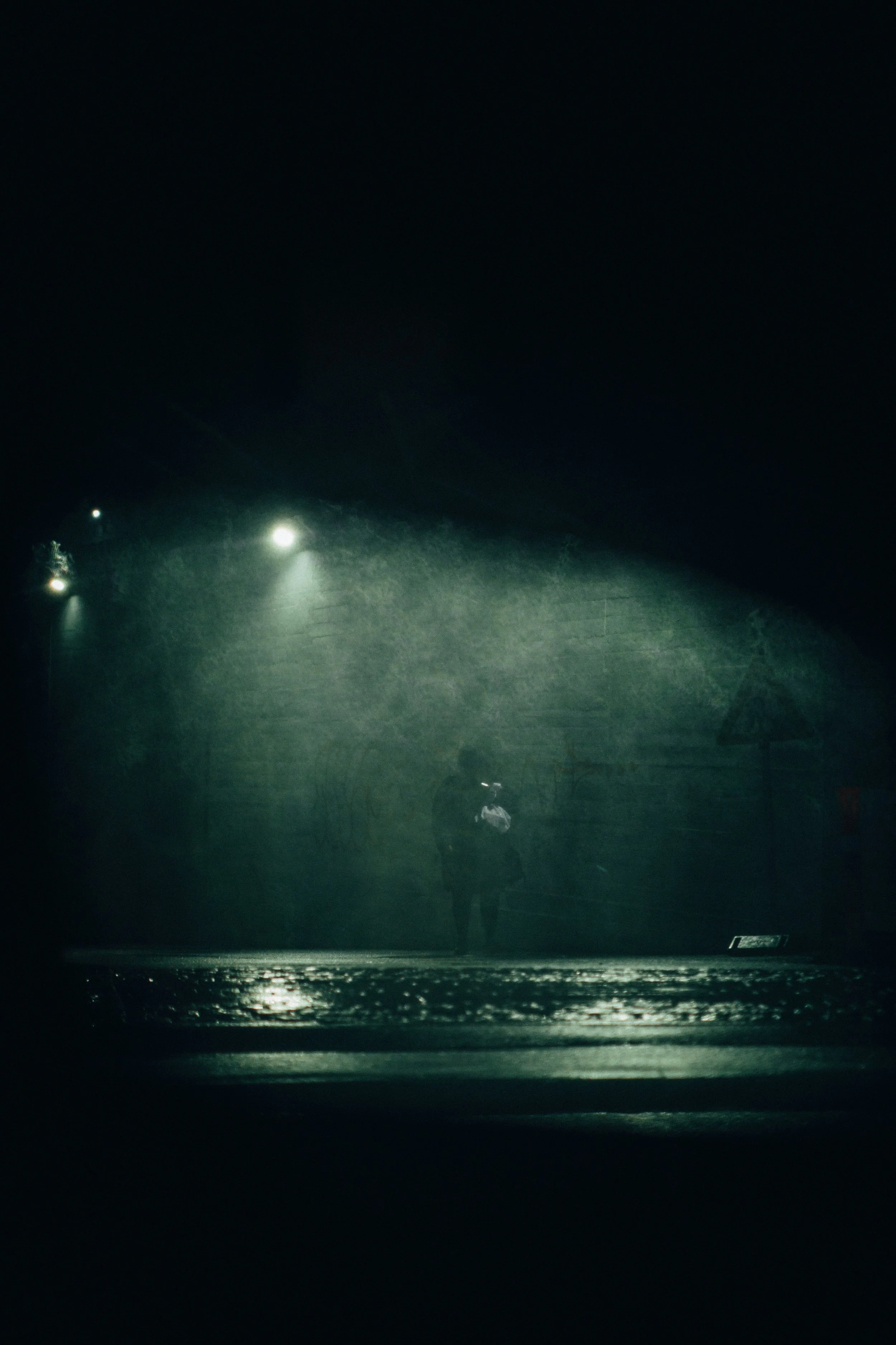 A person holding an umbrella walking on a wet street at night under streetlights, with rain visibly falling.