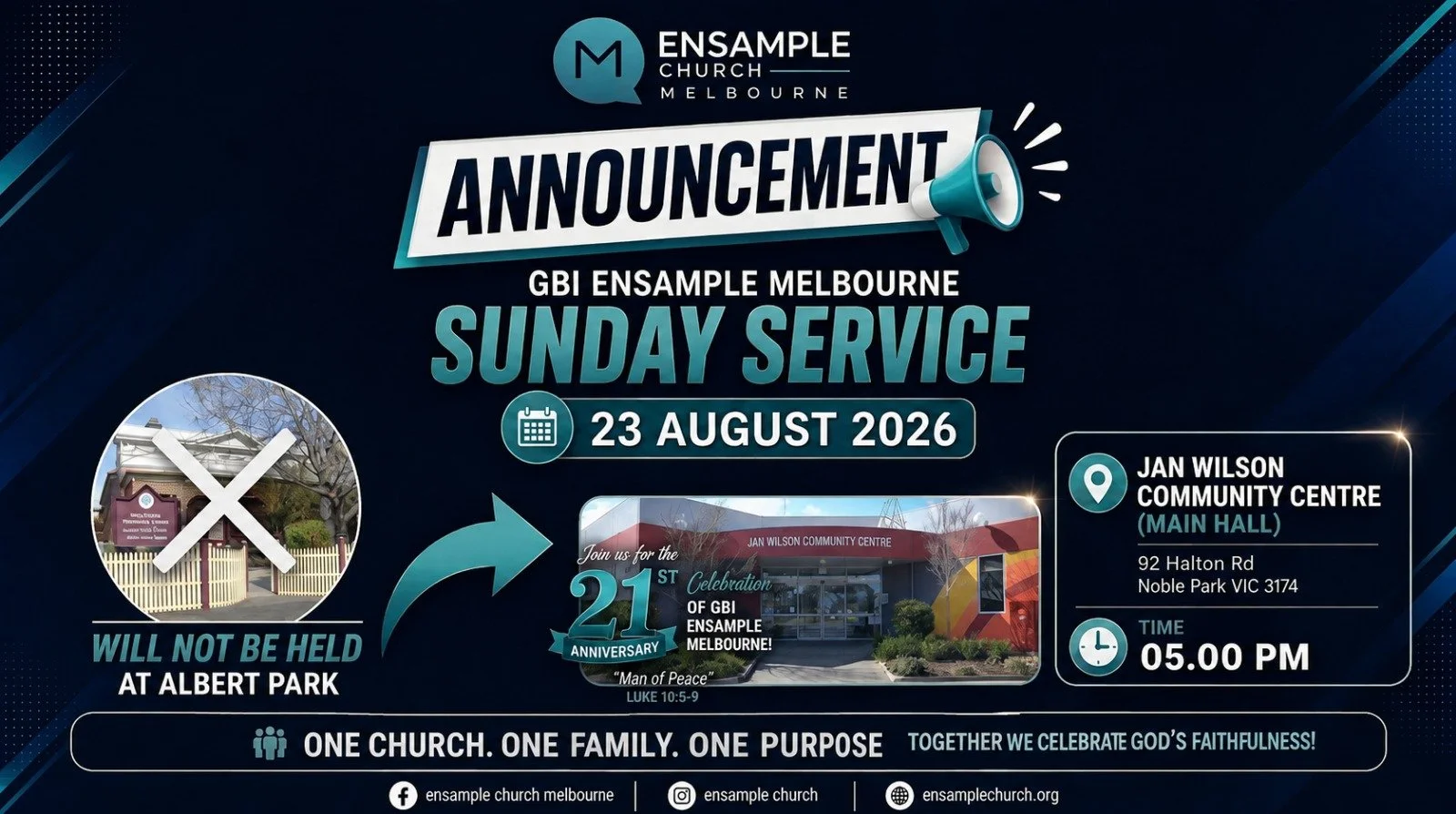 Announcement poster for GBI Ensample Melbourne Sunday Service on August 23, 2026, at Jan Wilson Community Centre, main hall, 92 Halton Rd, Noble Park, at 5:00 PM, with details about the 21st celebration of GBI Ensample Melbourne and mentioning that Albert Park event will not be held.
