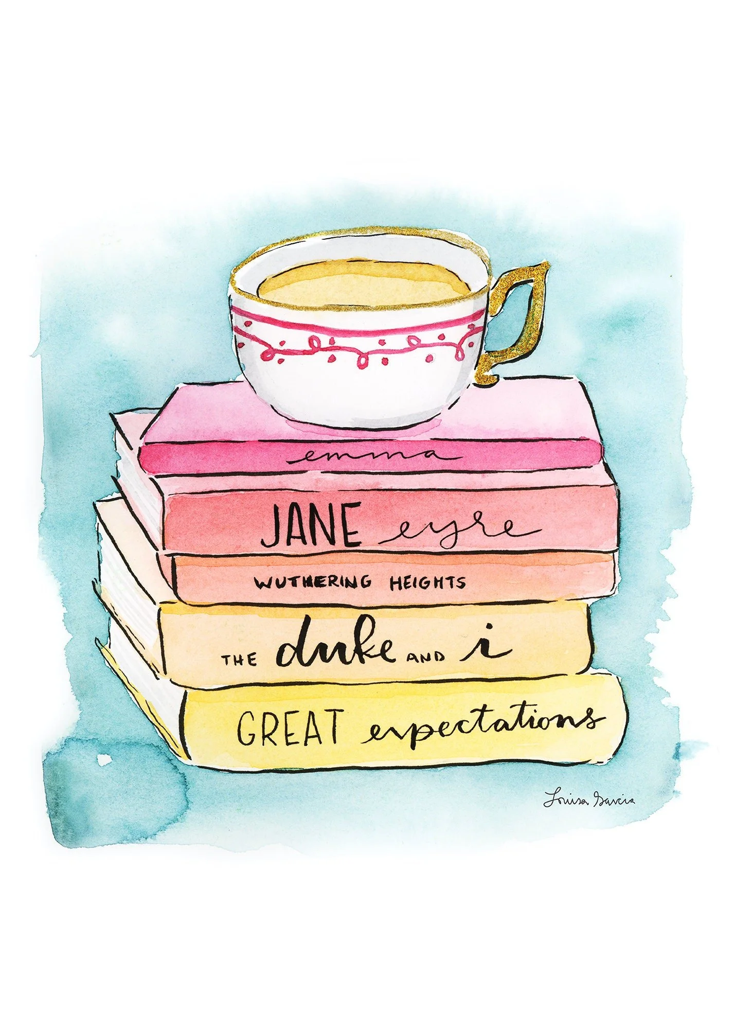 Books and Tea Watercolor Print | English Art Print | Pretty in Pink| English Wall Art | English Home Decor | Cute Wall Art | Bridgerton