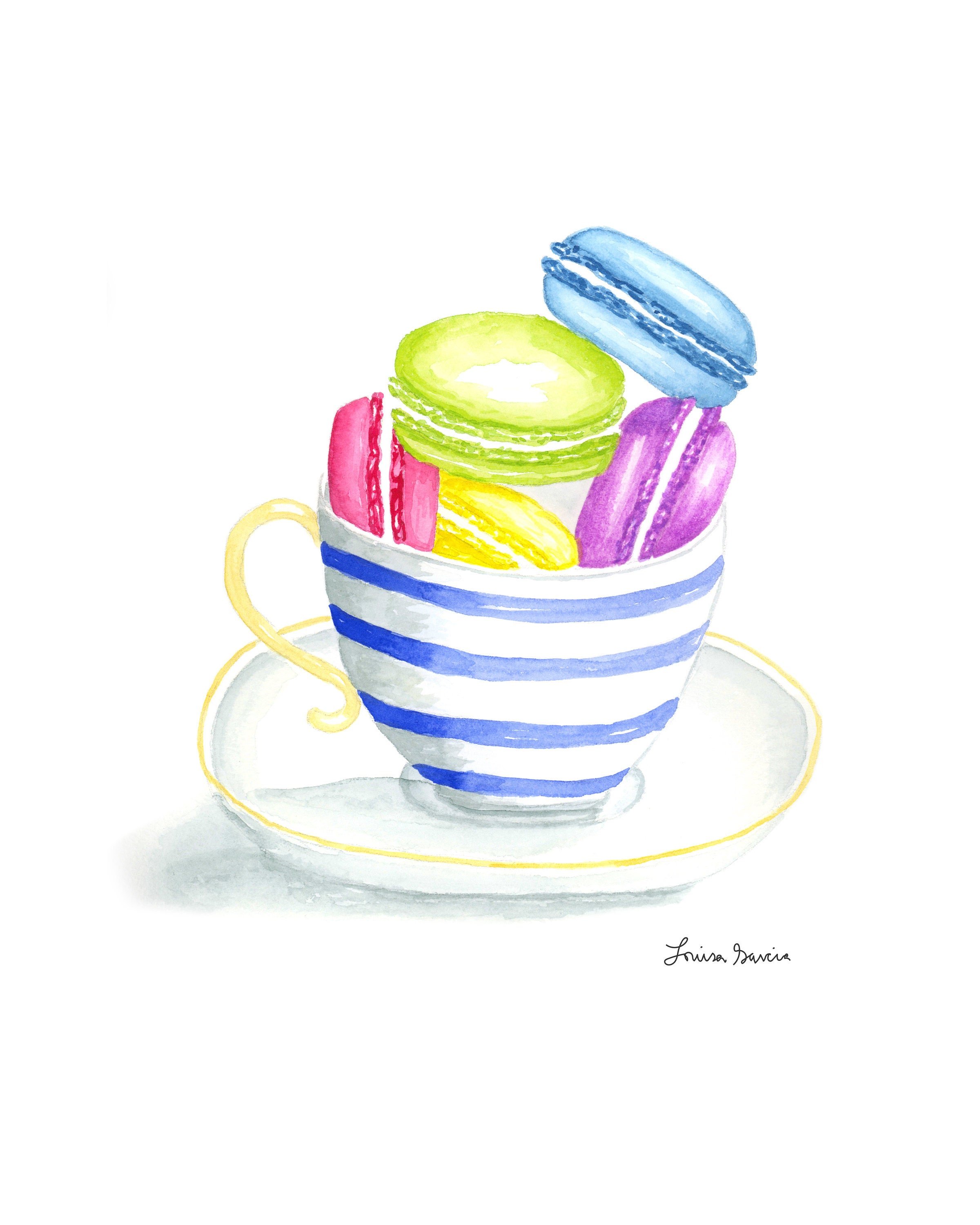 French Macarons Mug Watercolor Print  / Cute Wall Art, Home Decorating, Original Painting, Wall Decor, Interior Design, Decorating Ideas /