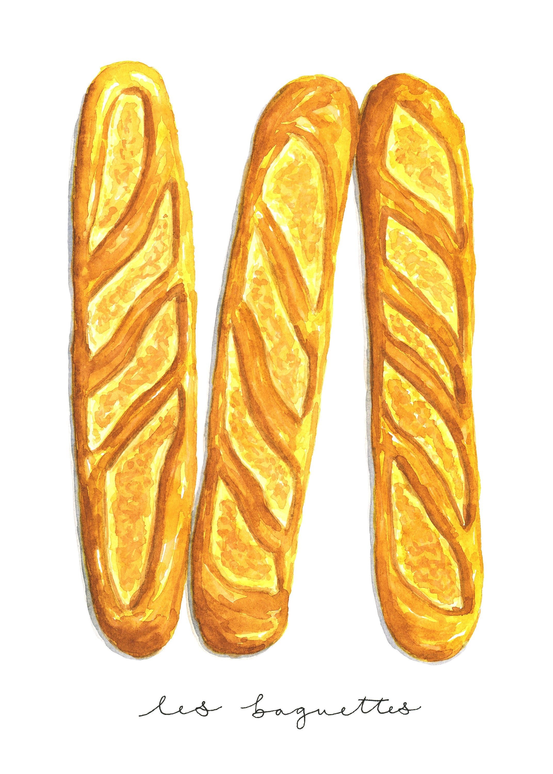 French Bread Baguettes Watercolor Print / Cute Wall Art, Home Decorating, Original Painting, Wall Decor, Interior Design, Decorating Ideas /