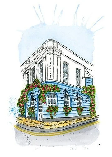 50 Cheyne Cafe Watercolor Print| London Art Print | Pretty in Blue| London Wall Art | English Home Decor | Cute Wall Art