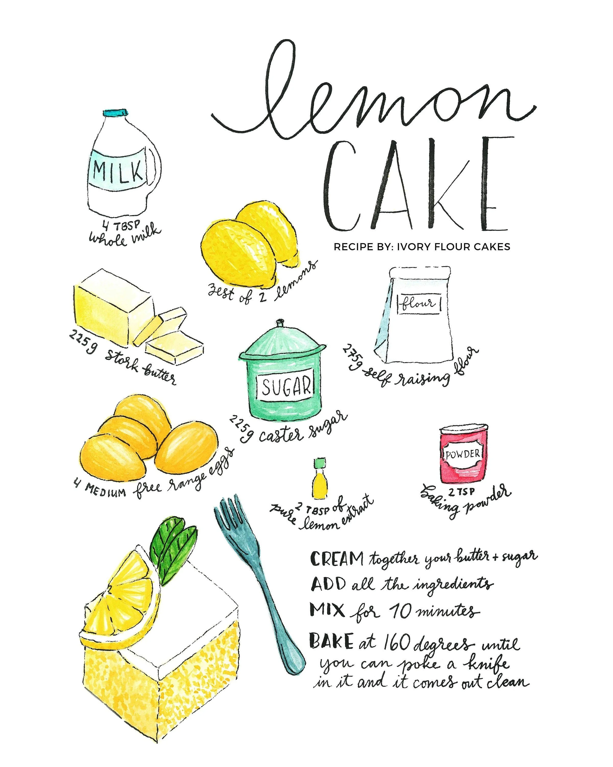 Lemon Cake Recipe Illustration Watercolor Print  / Cute Wall Art, Home Decorating, Wall Decor, Interior Design, Decorating Ideas /