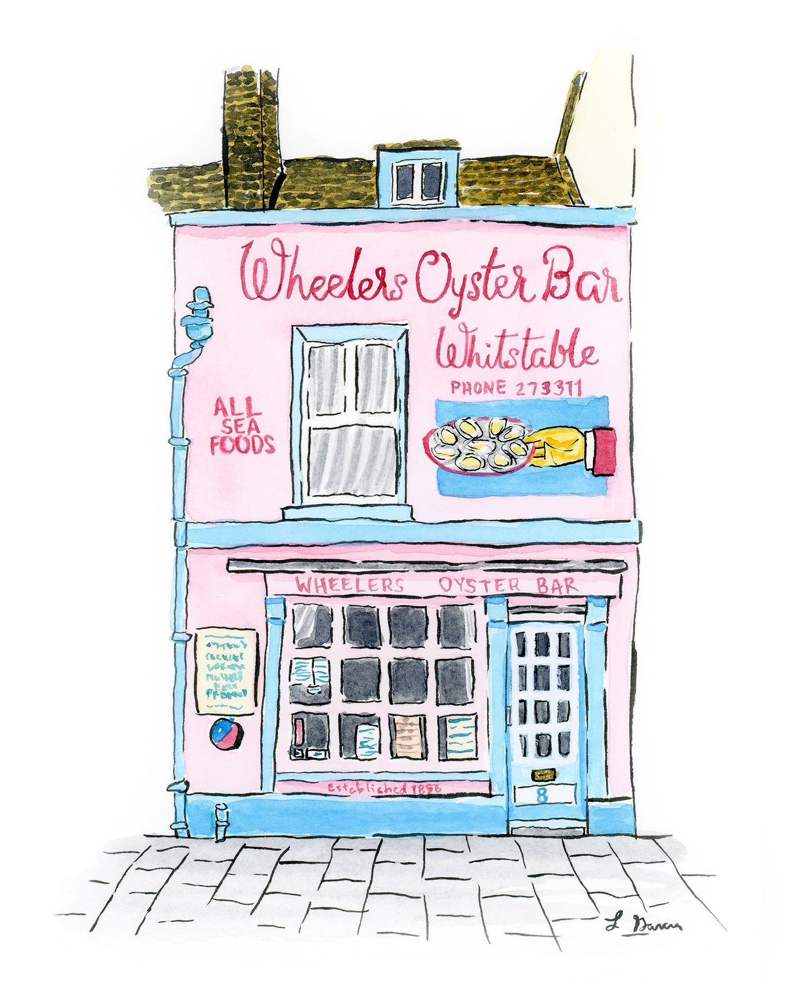 Seaside Oyster Bar Watercolor Print| English Art Print | Pretty in Pink | English Wall Art | English Home Decor | Cute Wall Art