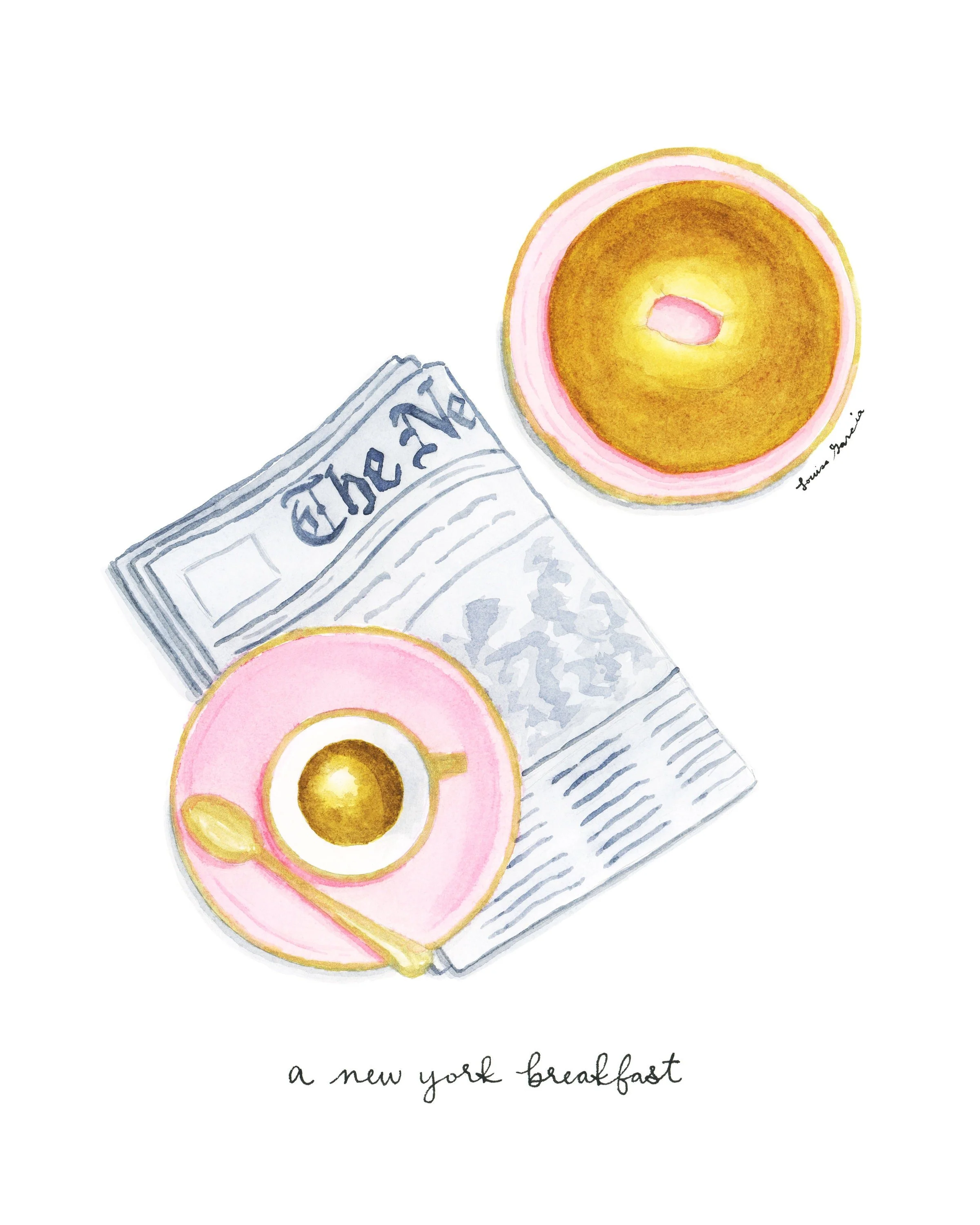 New York Breakfast Watercolor Print / Cute Wall Art, Home Decorating, Original Painting, Wall Decor, Interior Design, Decorating Ideas /