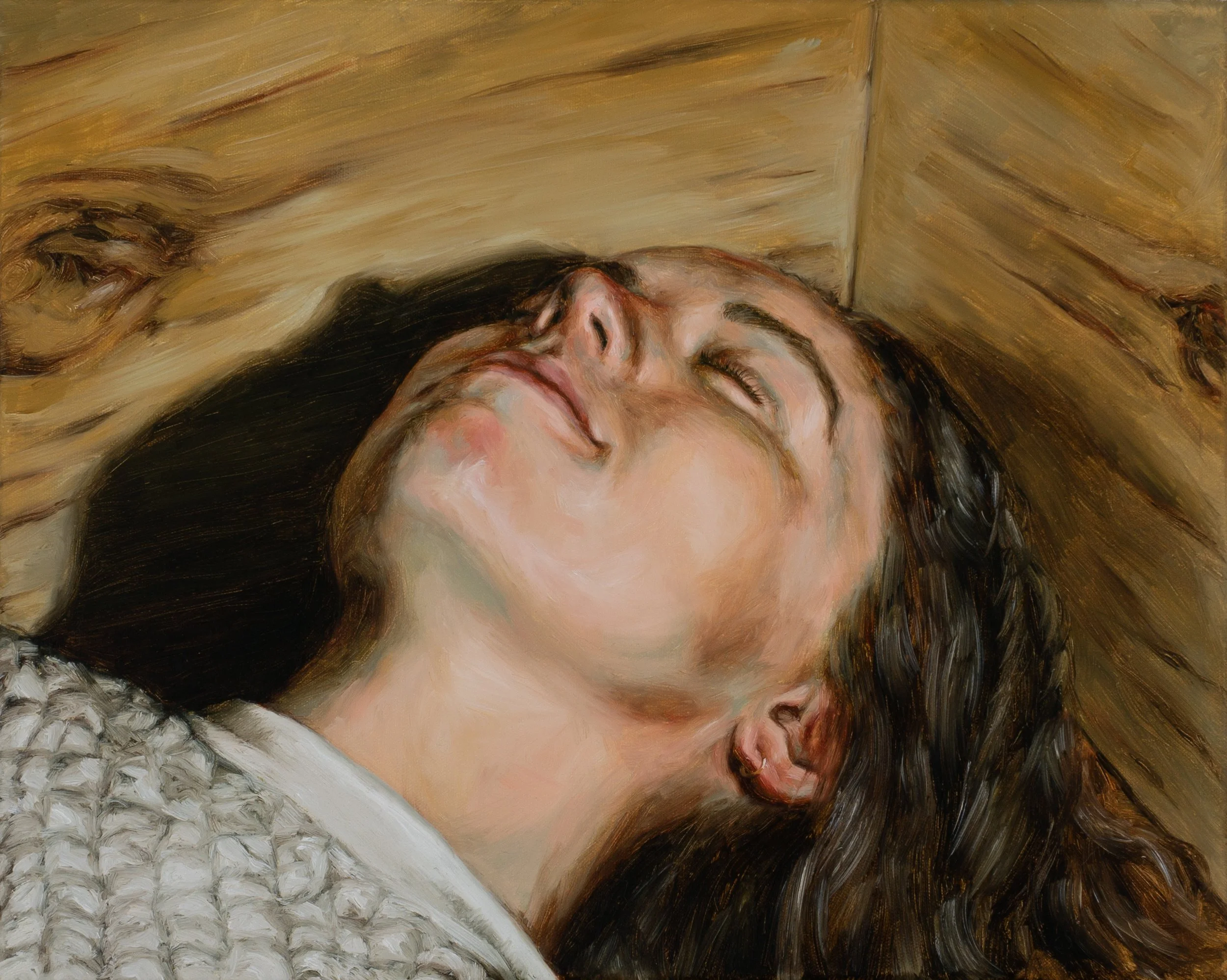 Original oil painting of a sleeping woman with gold earrings and white sweater titled As I Lay Dying by Southern figurative painter Hampton Watts — literary narrative work