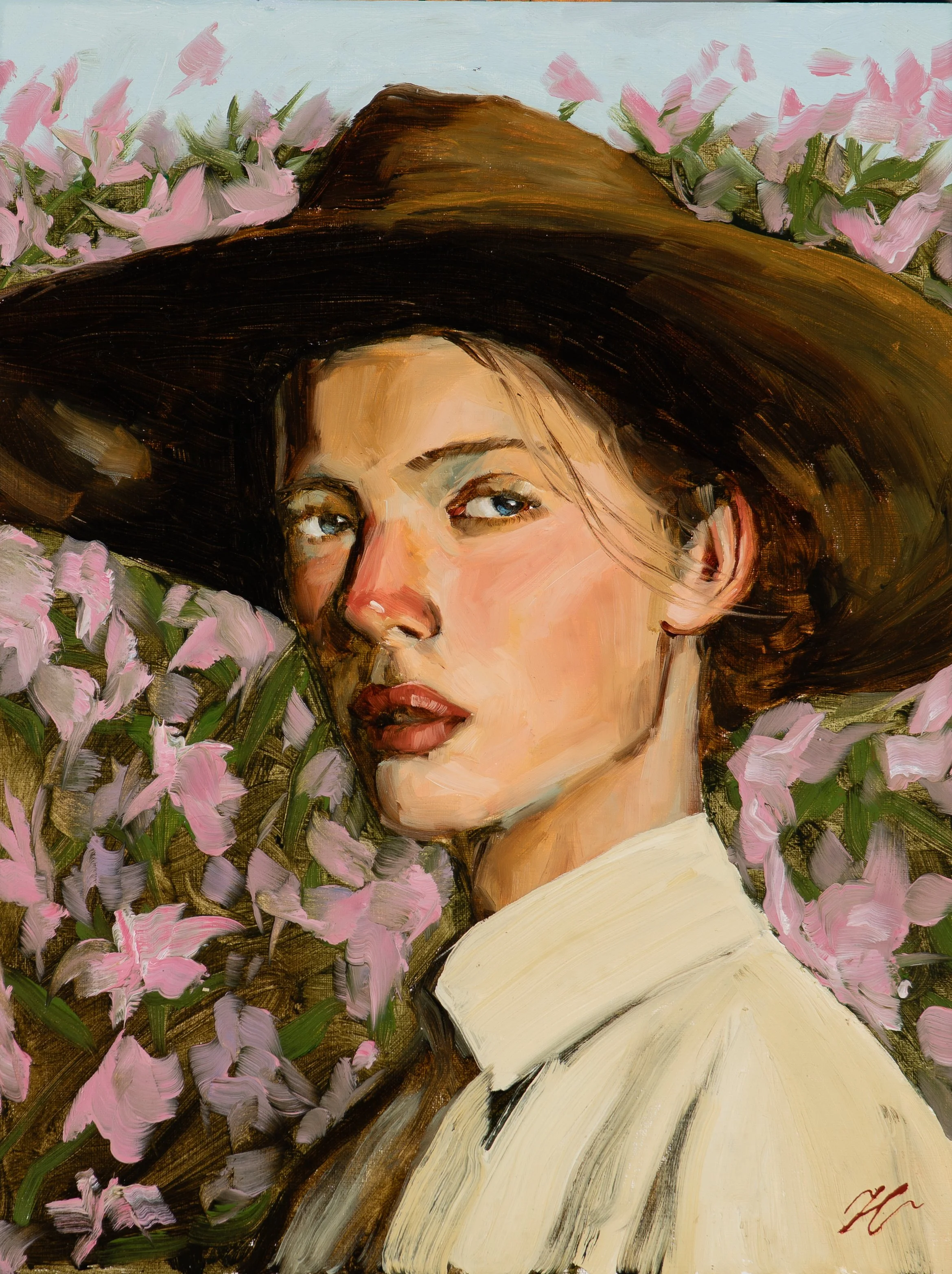 Original oil painting of a woman in wide brim hat amidst azaleas by Southern figurative painter Hampton Watts, Savannah