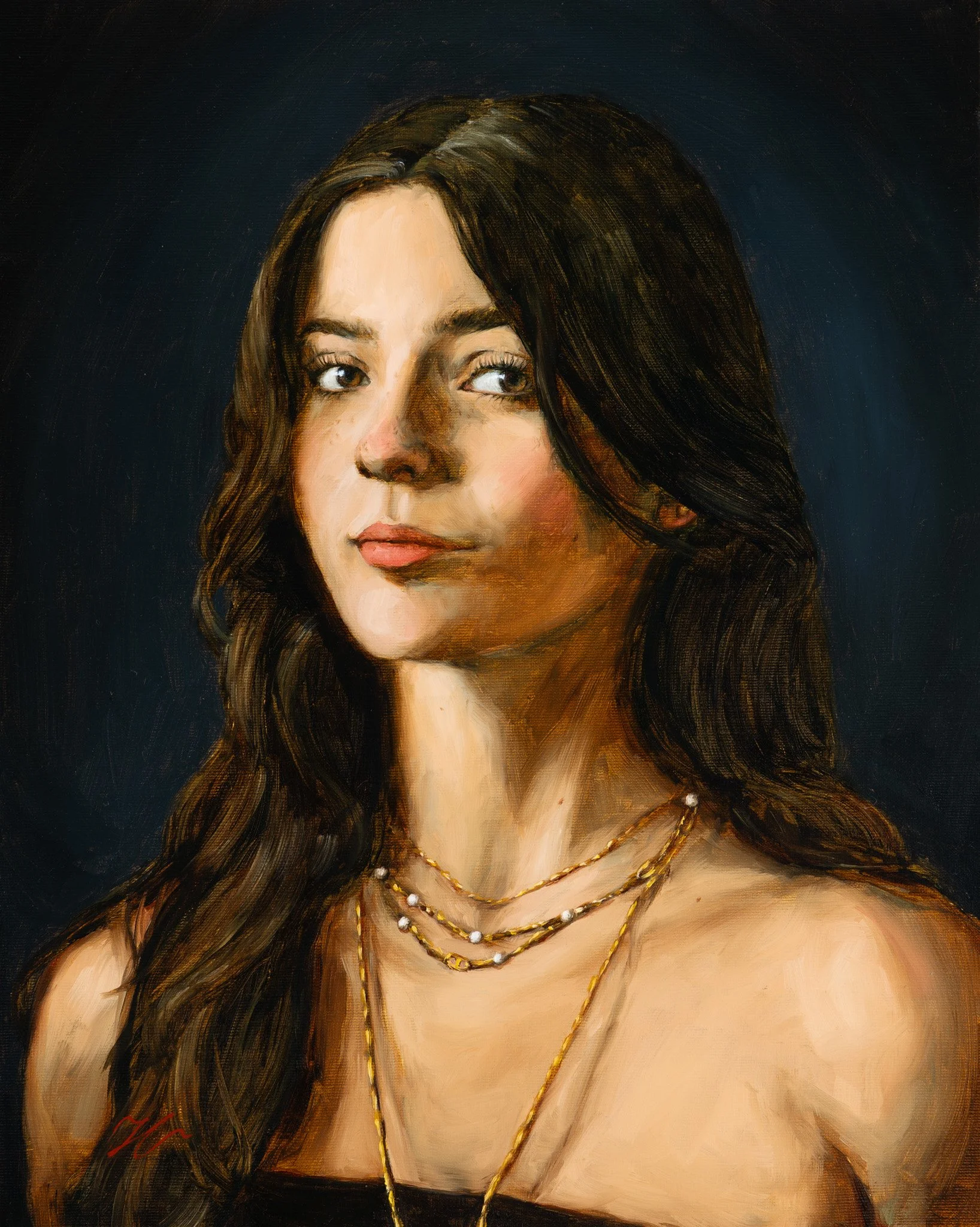 Fine art oil portrait of young woman with layered gold necklaces and soft shadow. Custom oil portrait painting by Southern artist in natural light.