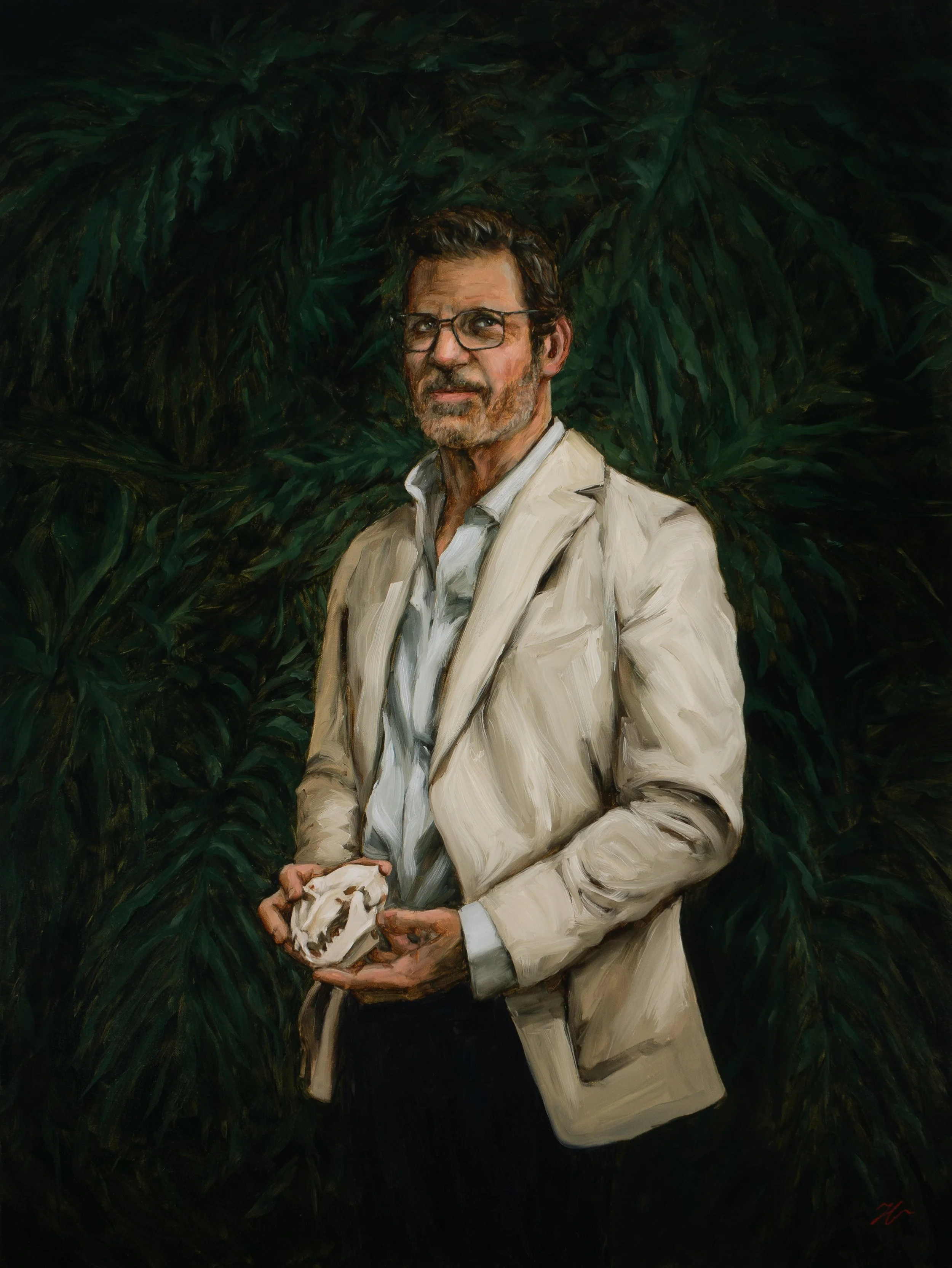 Classical oil portrait of man against deep green foliage reflecting Southern landscape