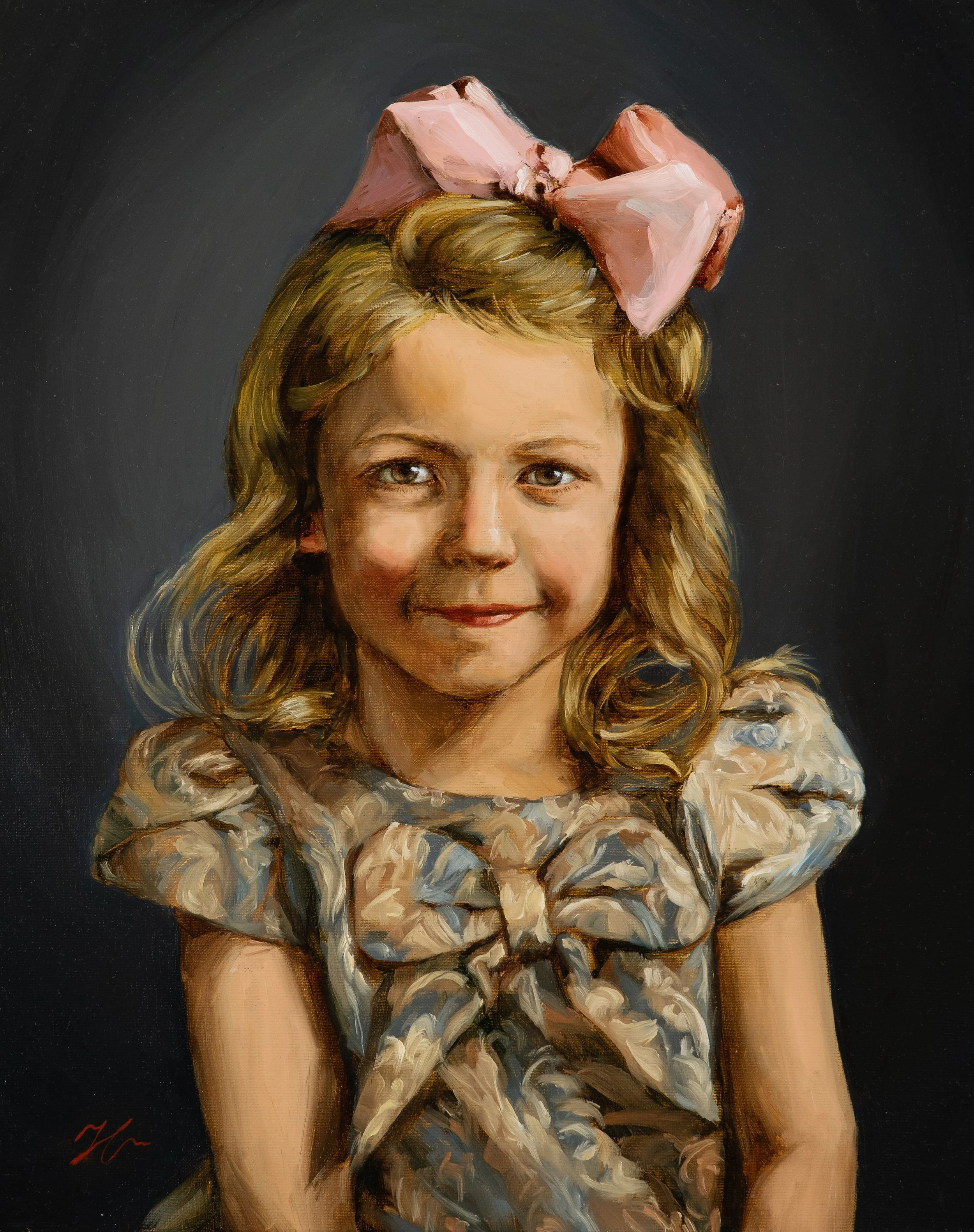 Classical oil portrait of a young girl with a pink bow titled Speed by Southern heritage painter Hampton Watts, Savannah