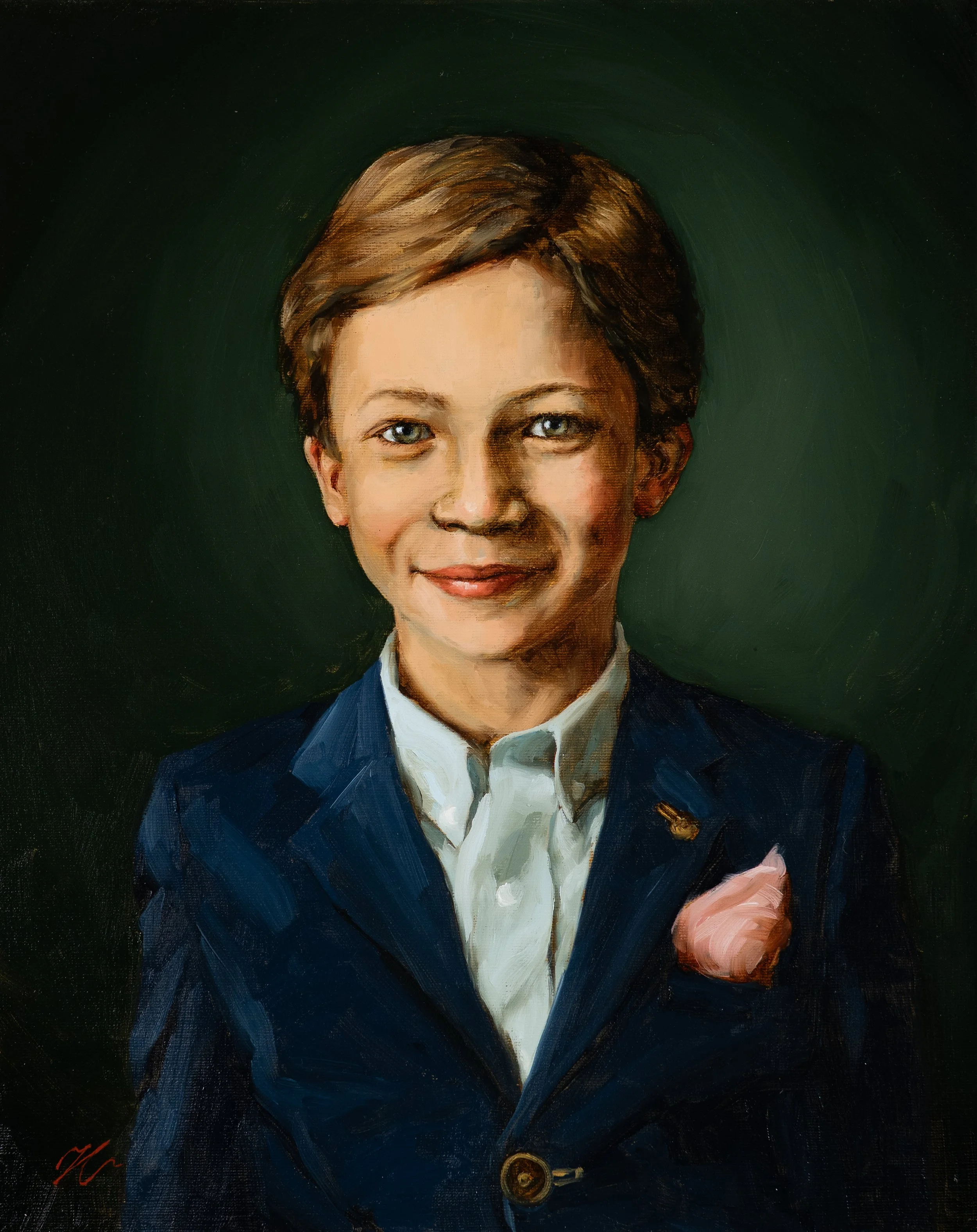 Classical oil portrait of a young boy with a pocket square titled Rand by Savannah painter Hampton Watts — Southern heritage portraiture