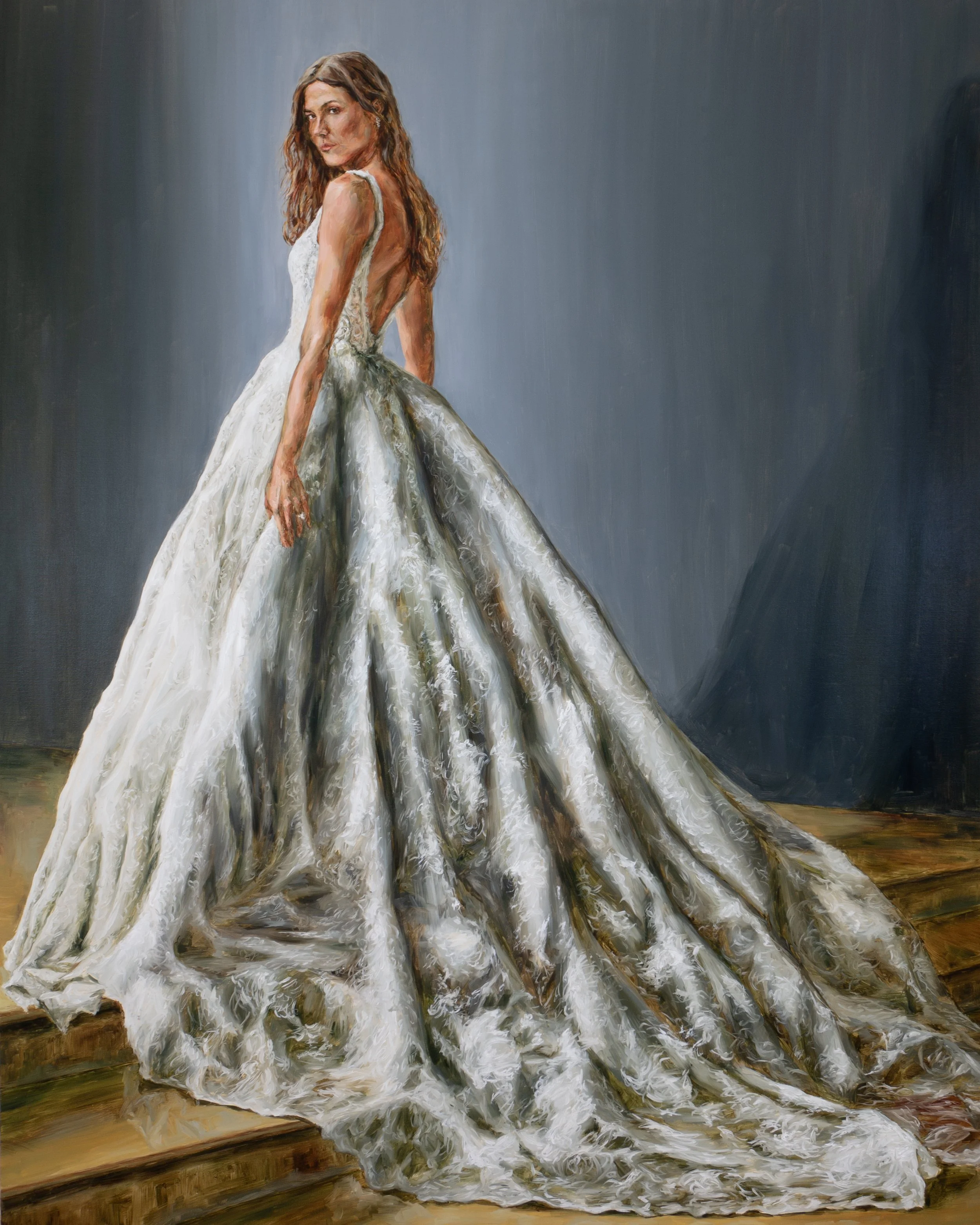 Classical oil portrait of fashion designer Monique Lhuillier by Southern portrait painter Hampton Watts