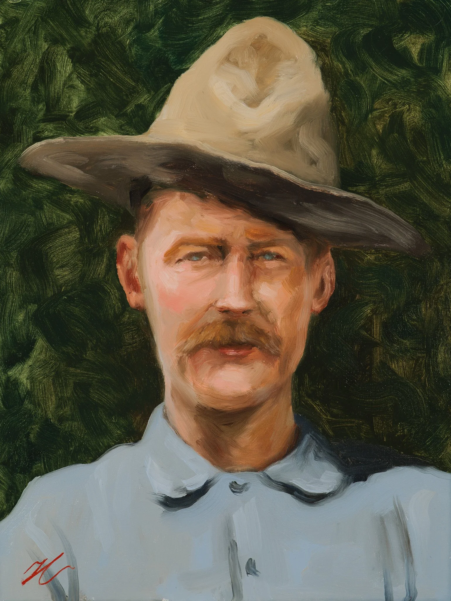 Oil portrait of a man with a red mustache and pale blue eyes in a tan slouch hat and light blue shirt against a loose green background, by Hampton Watts