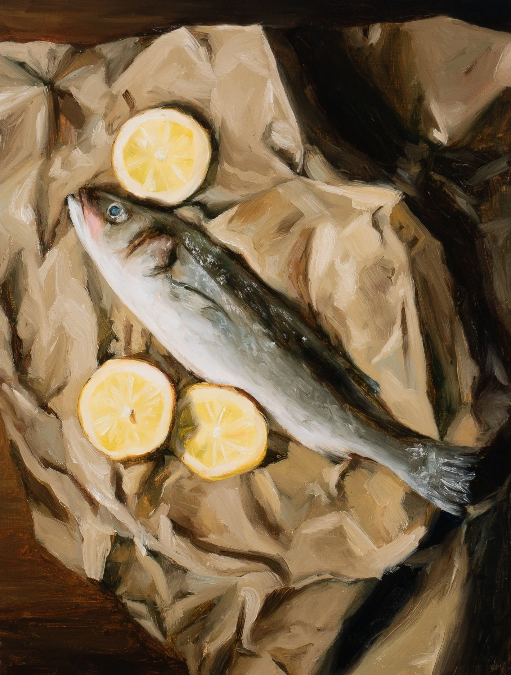 Still life oil painting of fresh fish and lemons inspired by Southern coastal traditions