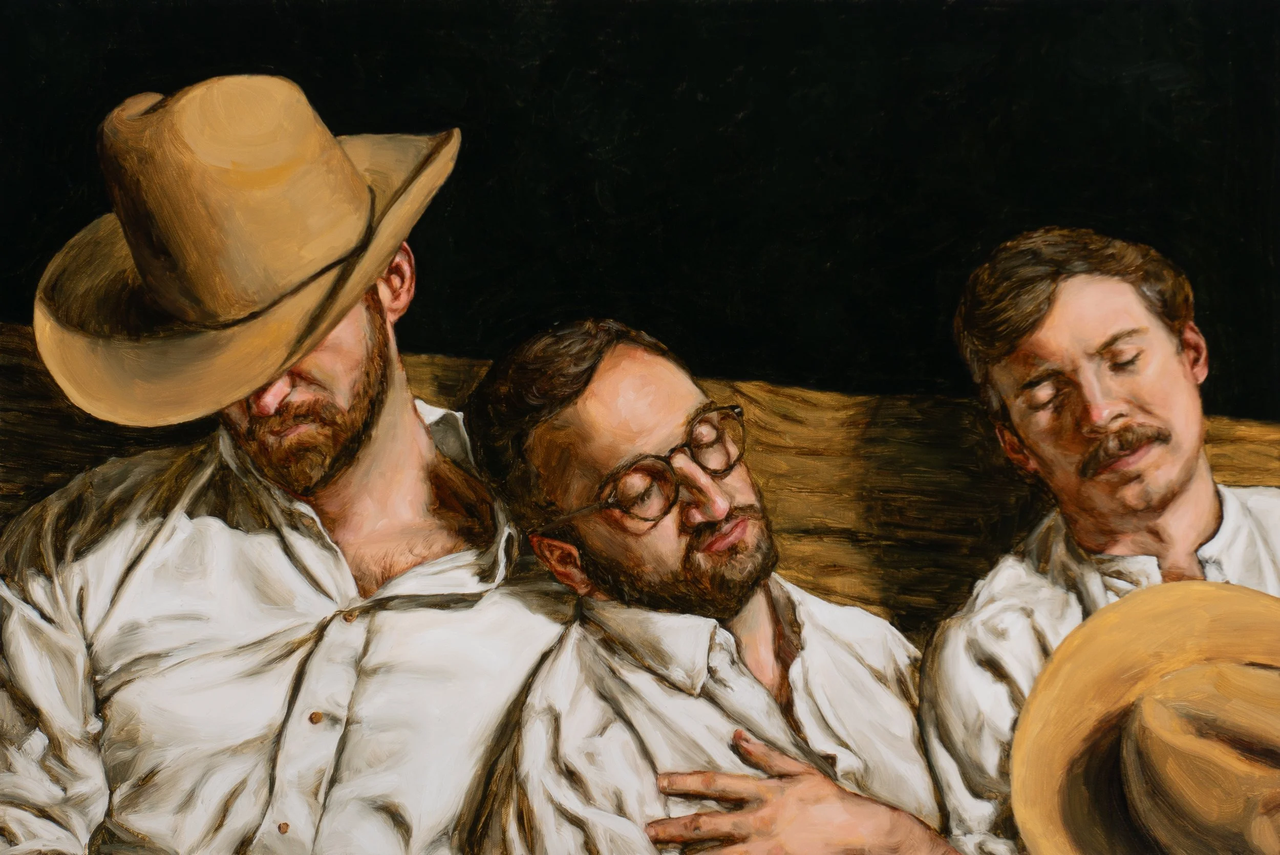 Original oil painting of three men in cowboy hats sleeping titled Barn Burning by Hampton Watts — Southern narrative figurative painting, Savannah