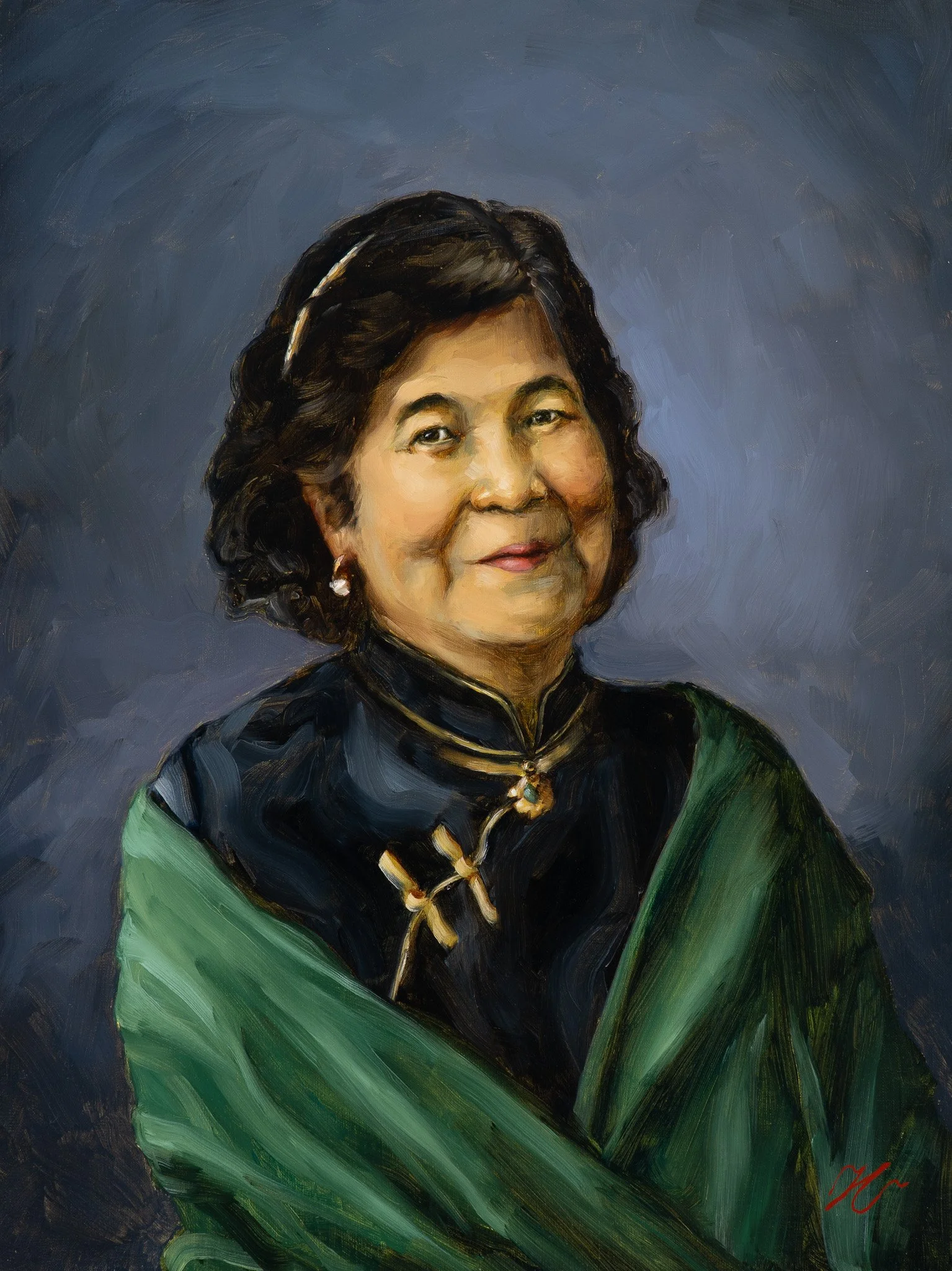 Oil portrait of an asian woman with a green wrap and gold jewelry titled Grandmother Tran by Hampton Watts — classical figurative painting in the Southern tradition