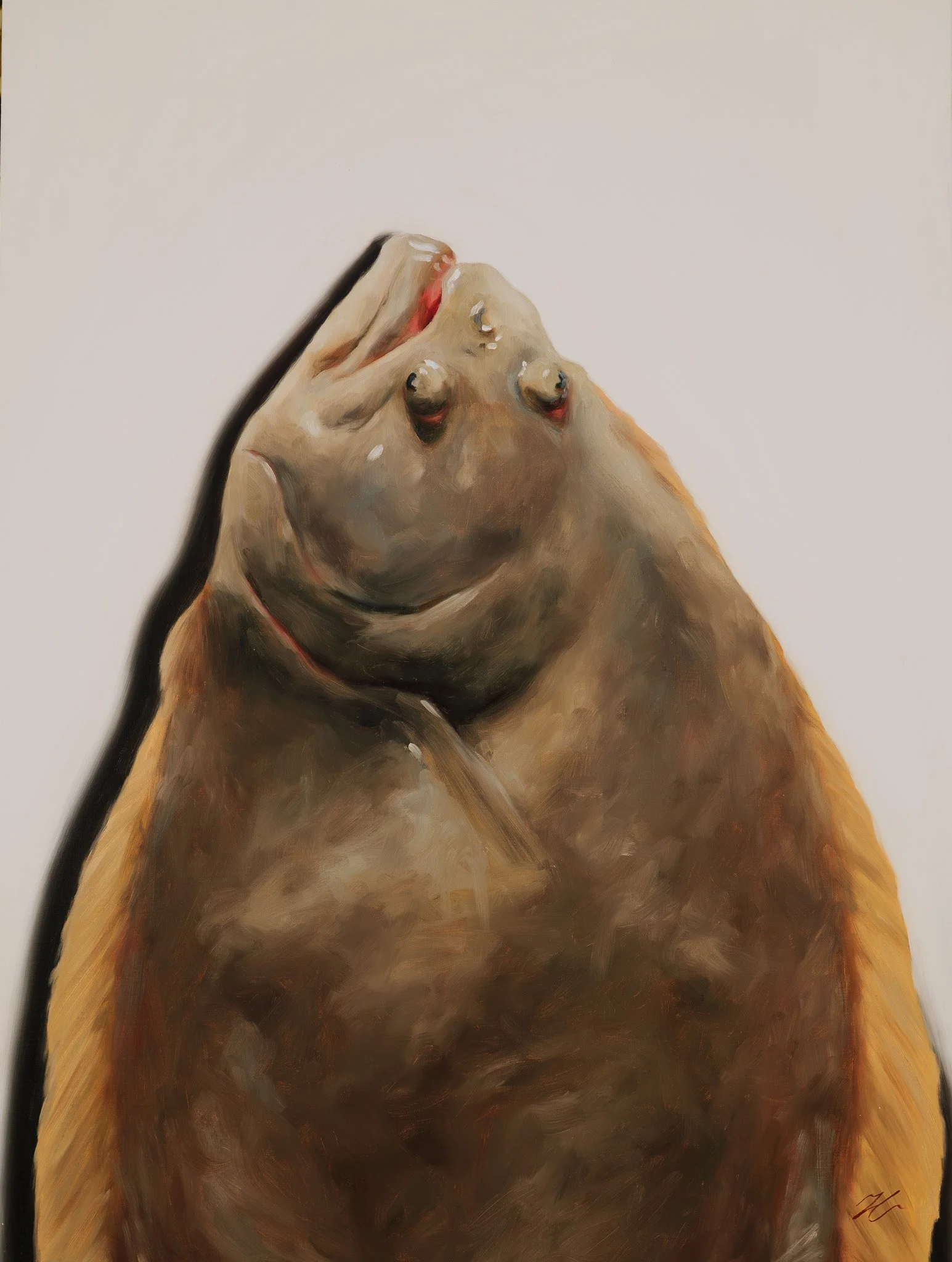Head panel of an oil diptych: a flounder's head and gold-edged fins rising against a pale ground, by Hampton Watts