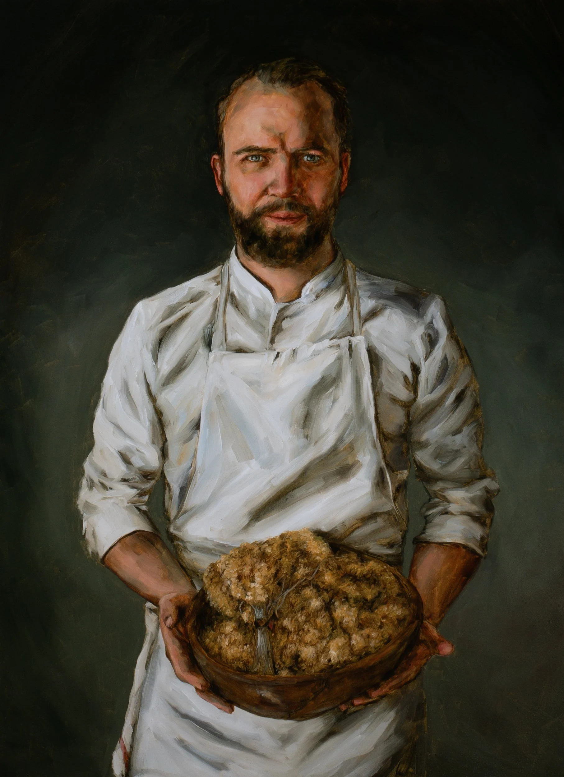 Noël Bérard Holding Immortelles. Oil, 40 x 30 in, 2023.