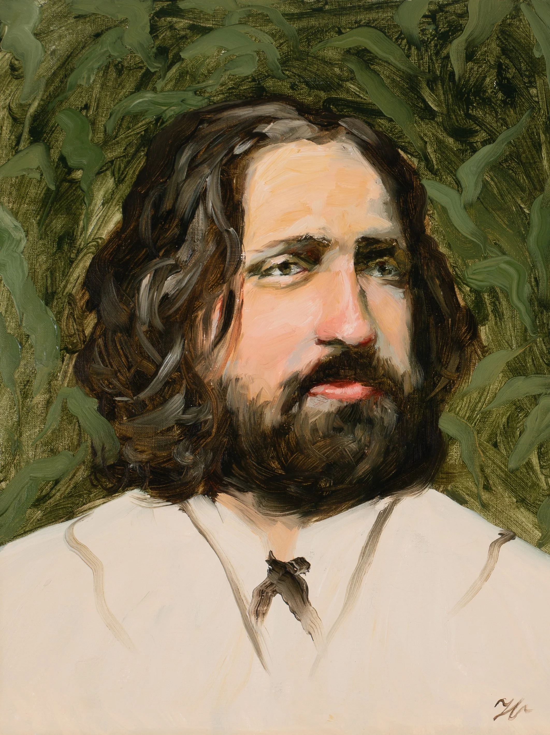 Original oil painting titled James in Beige featuring a man with dark hair and beard wearing a beige coat against wispy greenery by Savannah figurative painter Hampton Watts