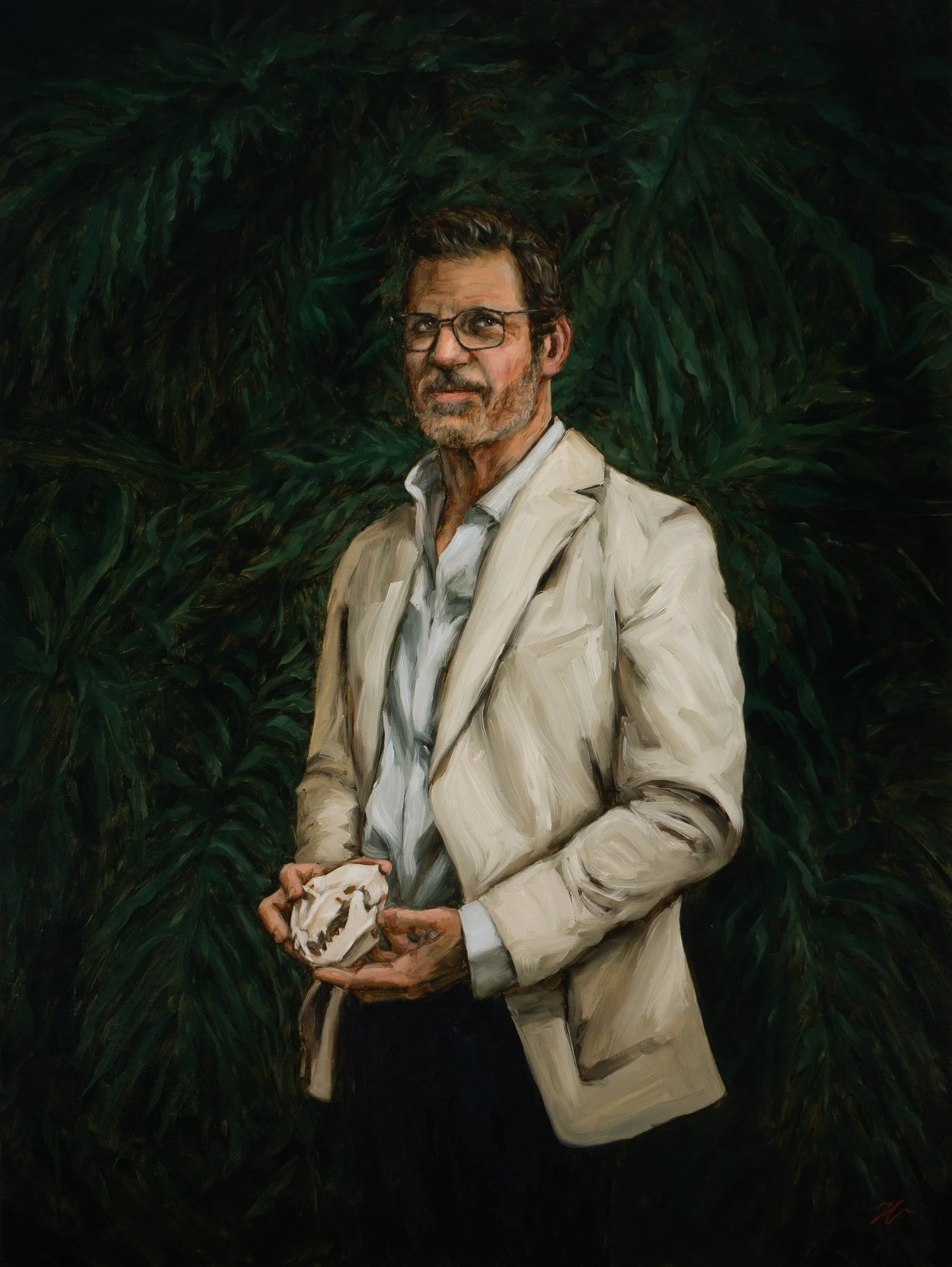 Doctor Wilson with a Bobcat Skull. Oil, 40 x 30 in, 2024.