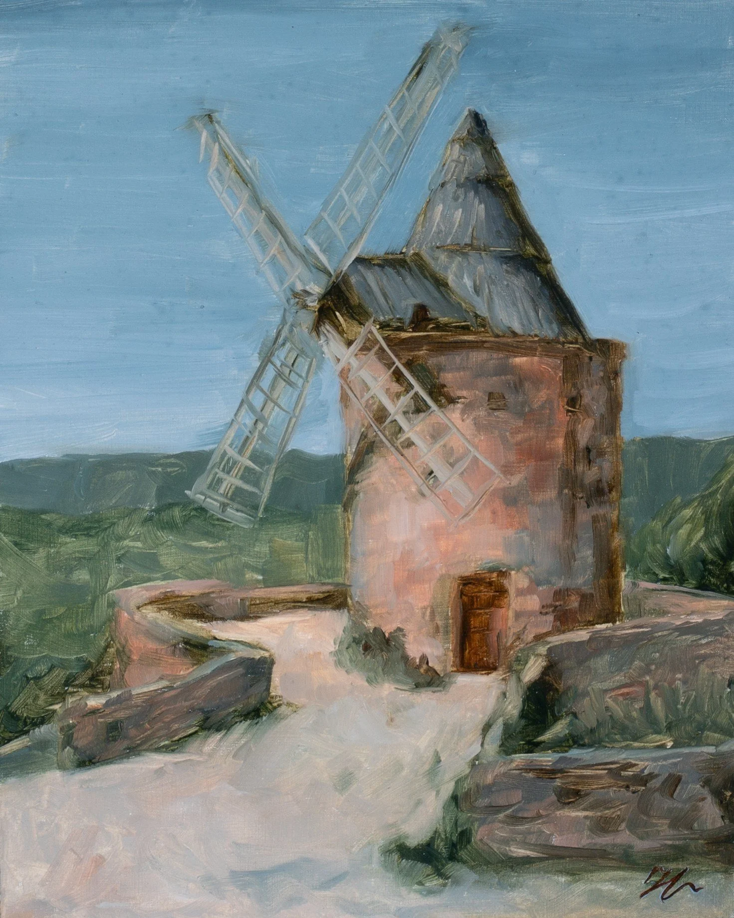 hampton-watts-moulin-of-goult-at-dawn-provence-windmill-original-oil-painting-12x9.jpg