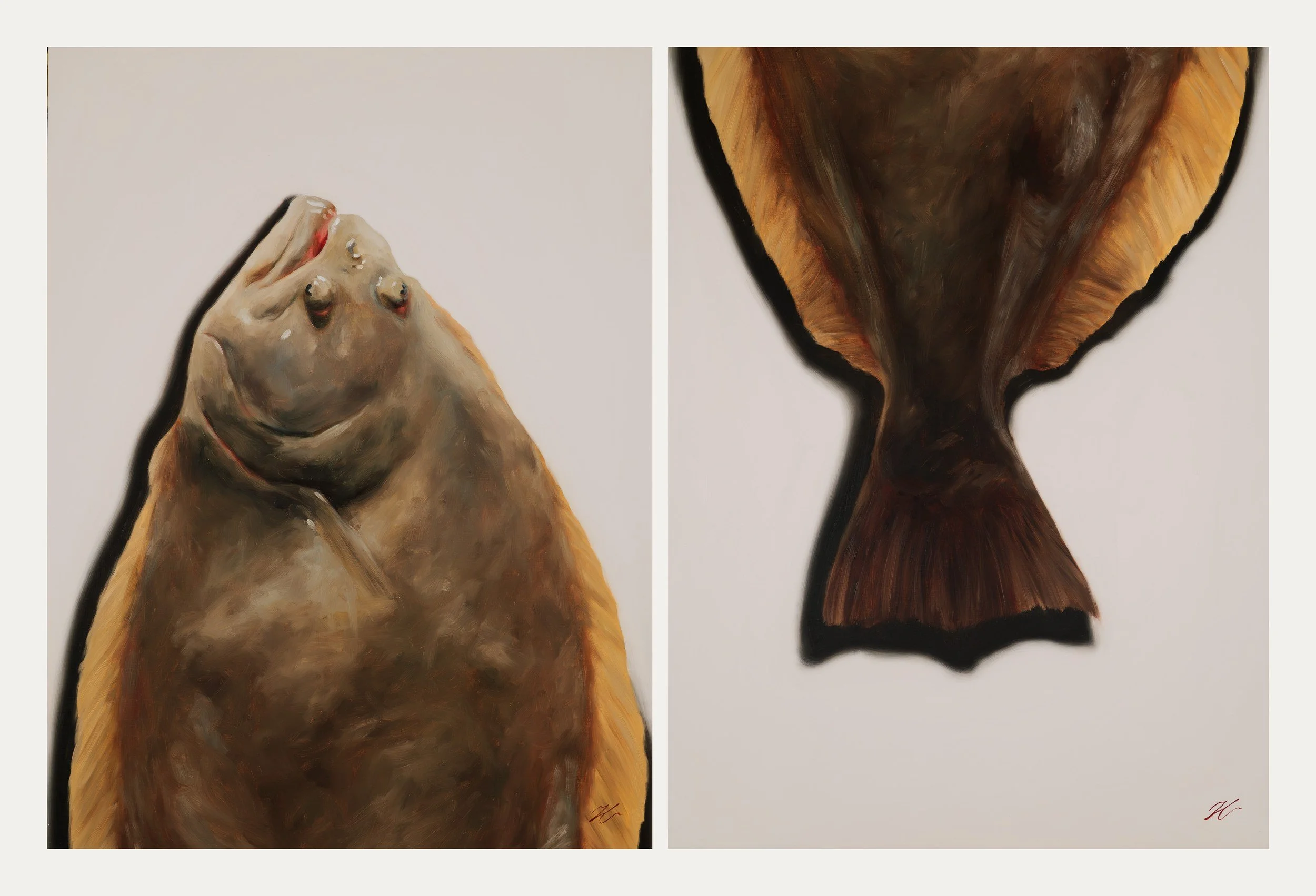 Oil diptych of a flounder on two panels hung side by side, the head rising on the left and the tail on the right, against a pale ground, by Hampton Watts