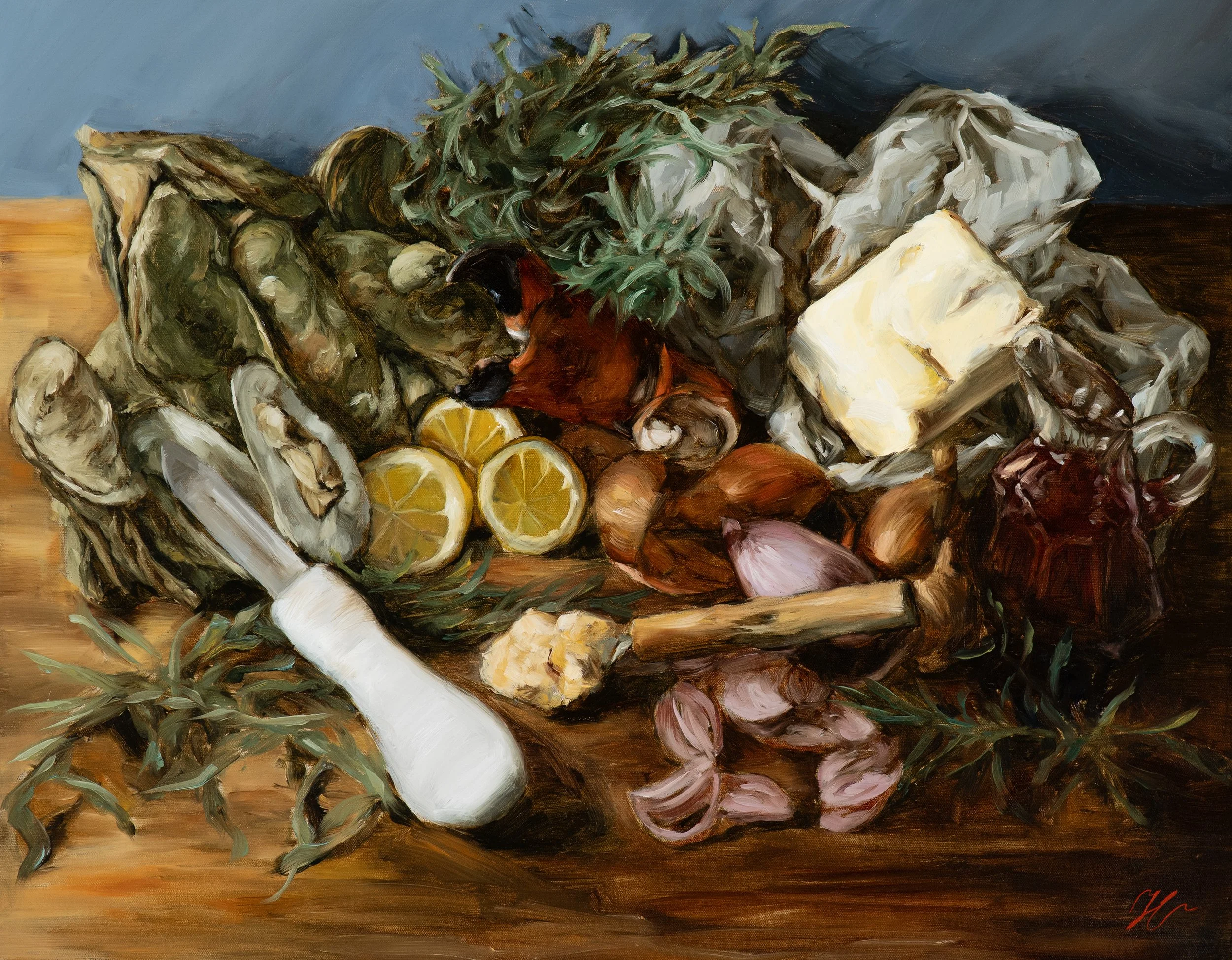 Southern oil painting of an oyster roast by Savannah painter Hampton Watts — coastal still life