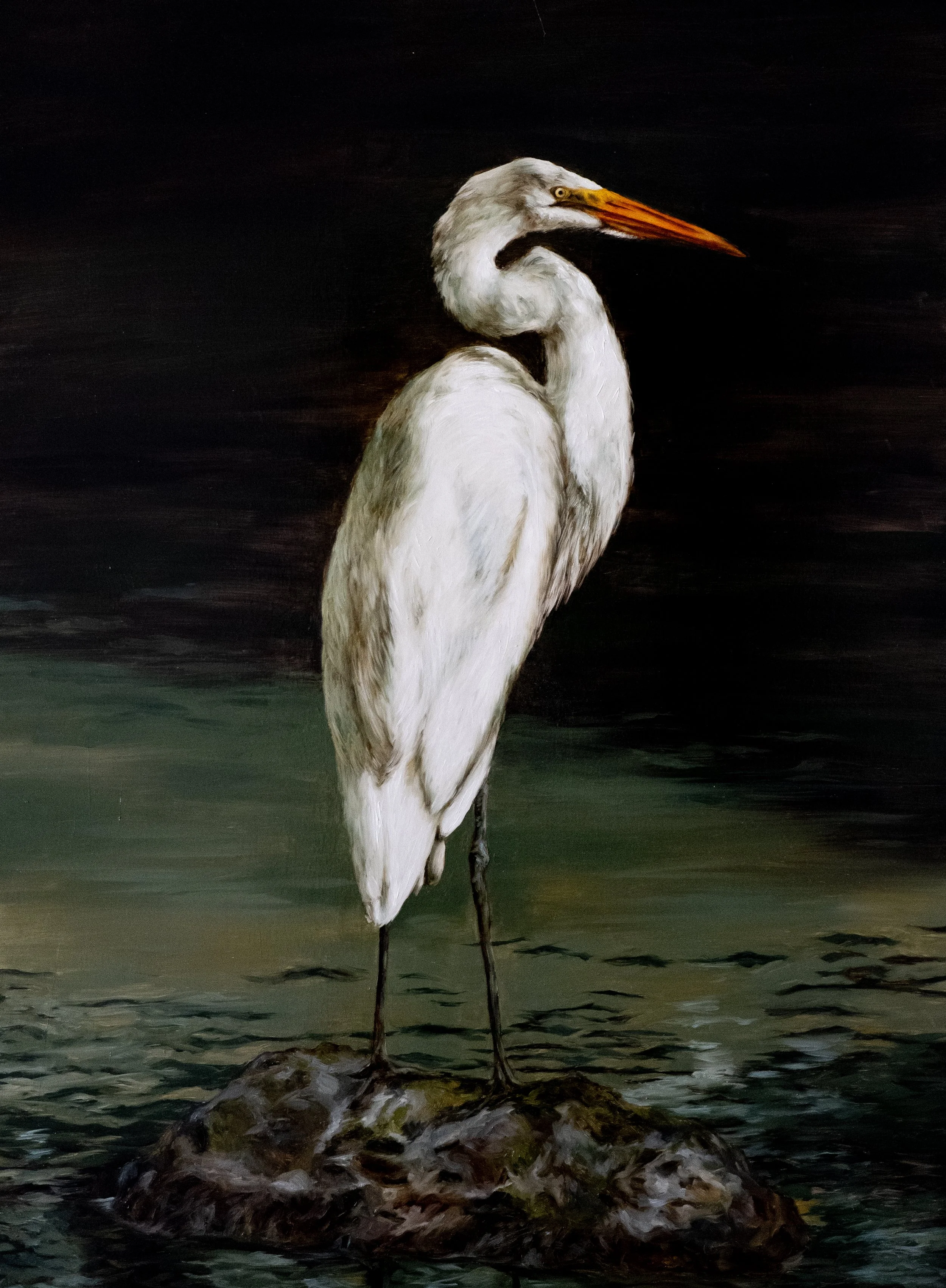 Oil painting of a white egret on a mossy log by Hampton Watts — Southern wildlife painting, Savannah