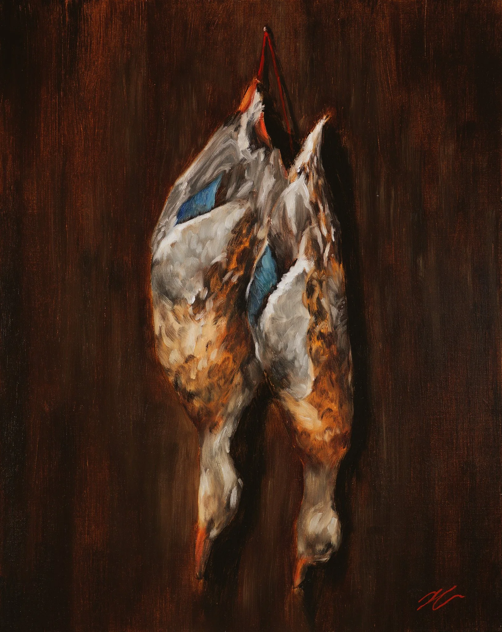 Still life oil painting of two mallard ducks hanging by red twine against a dark brown background, by Hampton Watts