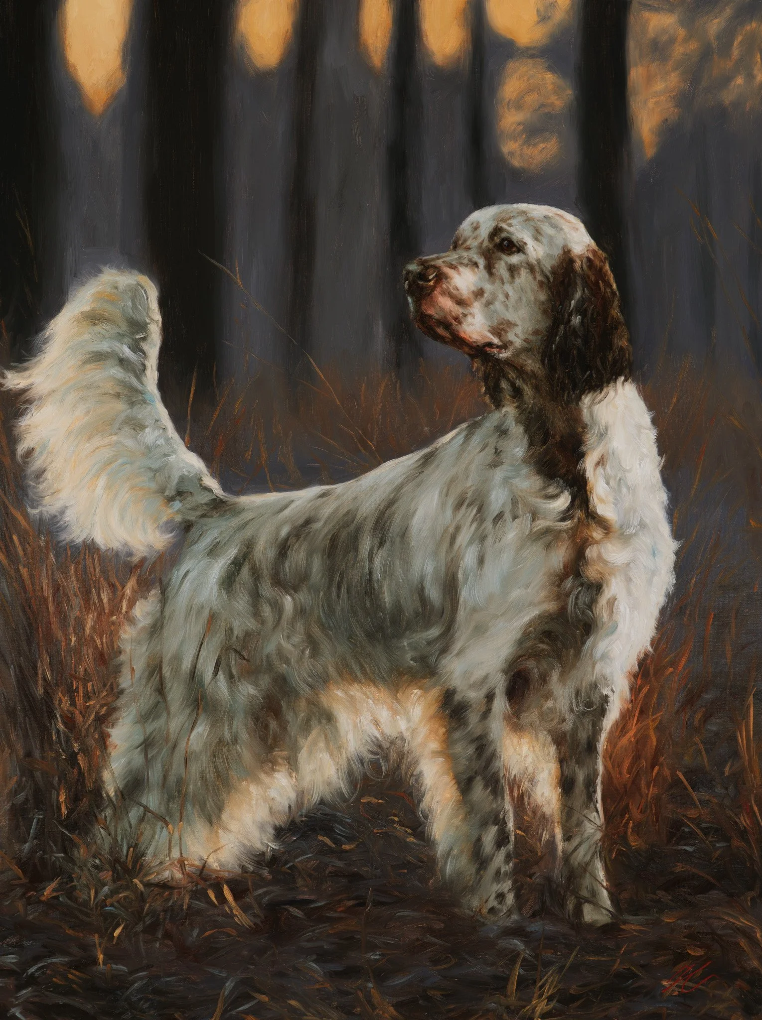 Oil painting of a white and liver English setter standing in dry grass, lit by low sun, with dark tree trunks and golden light behind, by Hampton Watts
